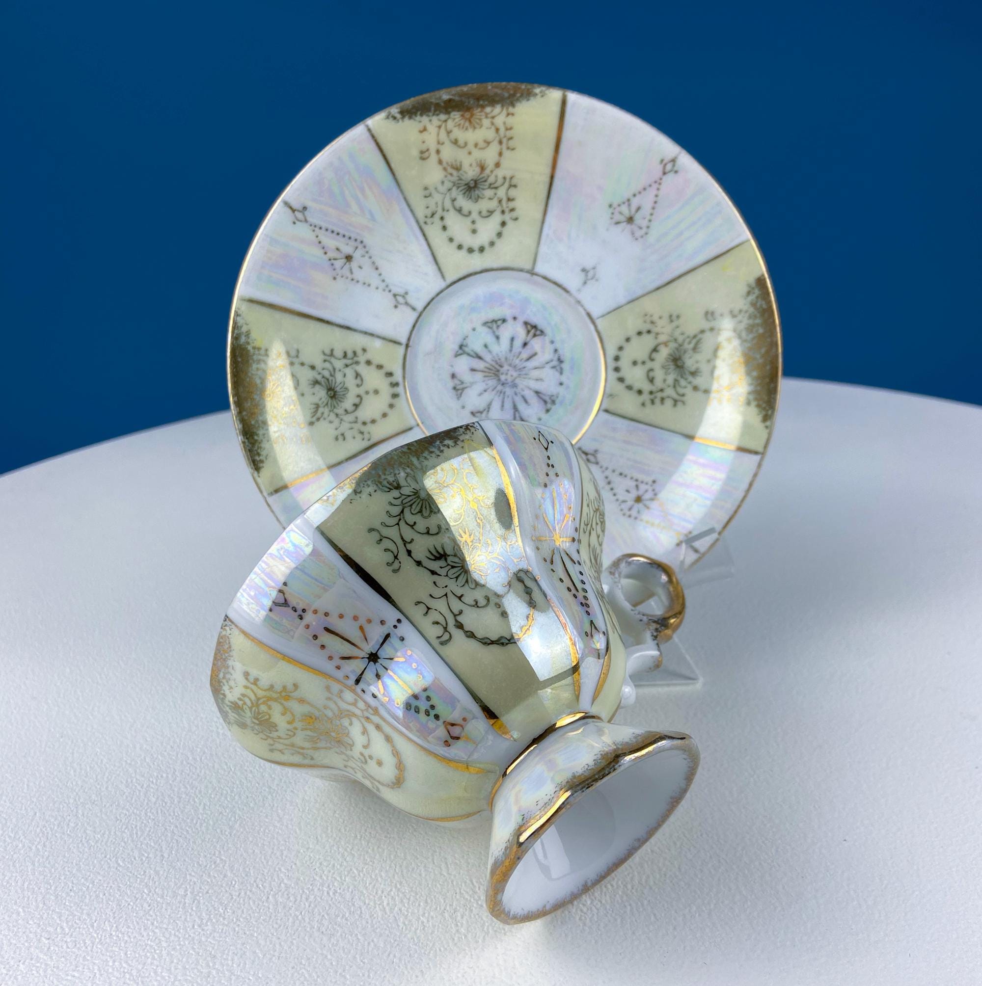 Vintage Pearlescent Tea Cups and Saucers with Light Yellow & Gold Accents. Set of 2 Cups. Slightly Different Silhouettes. Gift for Couple.