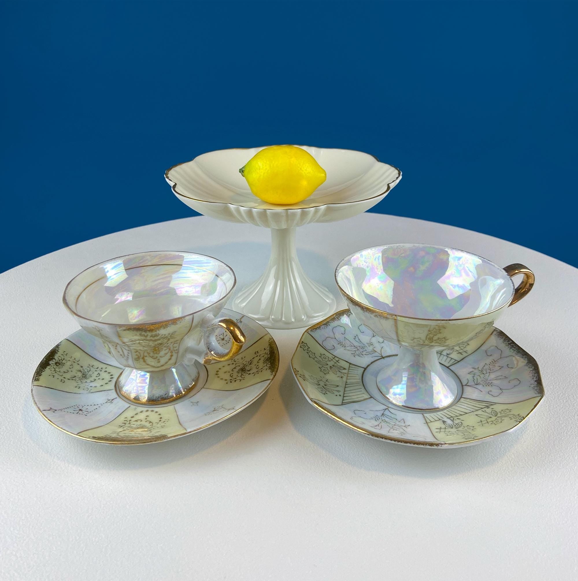 Vintage Pearlescent Tea Cups and Saucers with Light Yellow & Gold Accents. Set of 2 Cups. Slightly Different Silhouettes. Gift for Couple.