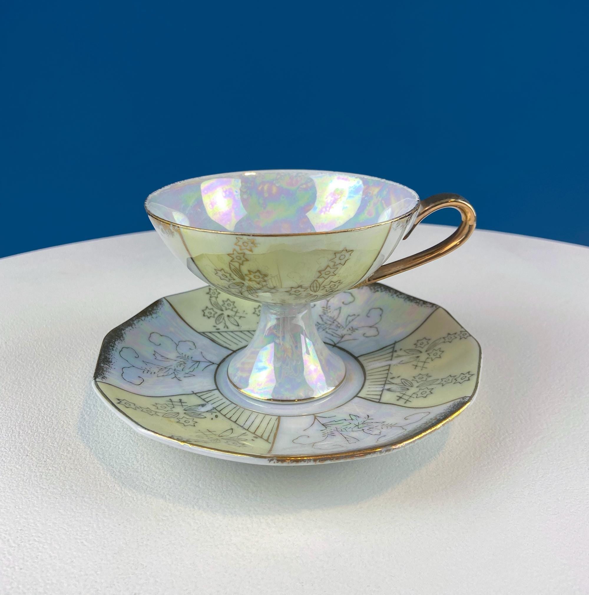 Vintage Pearlescent Tea Cups and Saucers with Light Yellow & Gold Accents. Set of 2 Cups. Slightly Different Silhouettes. Gift for Couple.