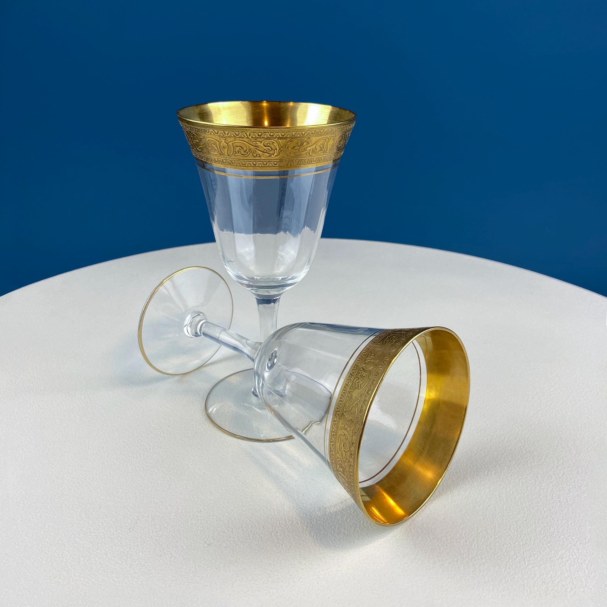 Antique Tiffin Franciscan Wine Goblets with Embossed Gold Rims. Set of 5 Faceted Mid Century Stemware. 24K Gold. Dining Room Decor. Gift for Him Her