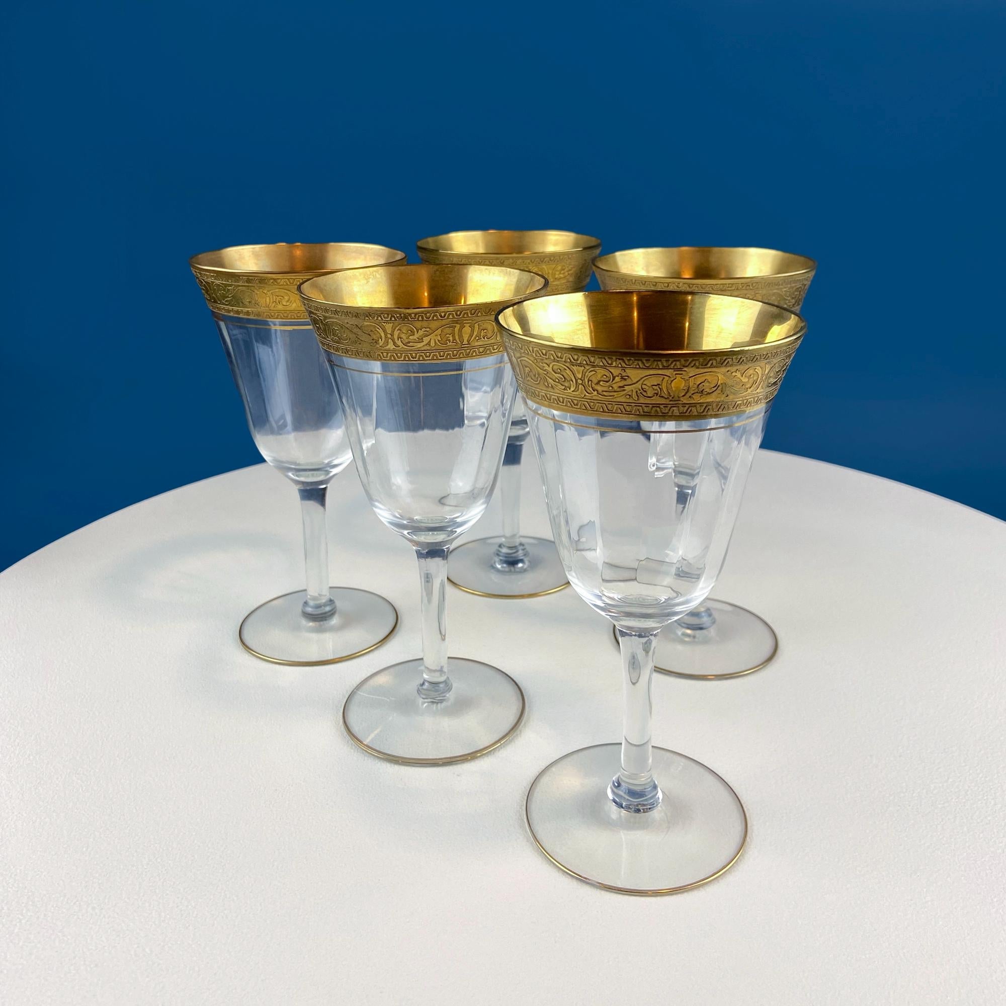 Antique Tiffin Franciscan Wine Goblets with Embossed Gold Rims. Set of 5 Faceted Mid Century Stemware. 24K Gold. Dining Room Decor. Gift for Him Her