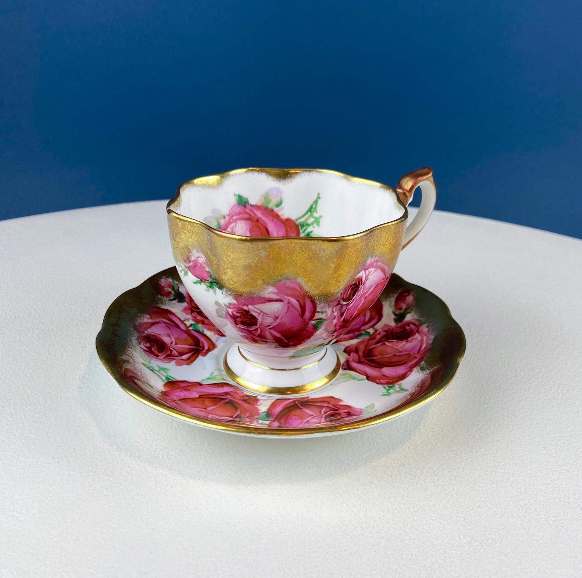 Teacup & Saucer with Large Red Roses and Rich Gold Rim. Queen Anne Fine China. Dining Room Decor. Romantic Gift for Tea Lover, Him or Her.