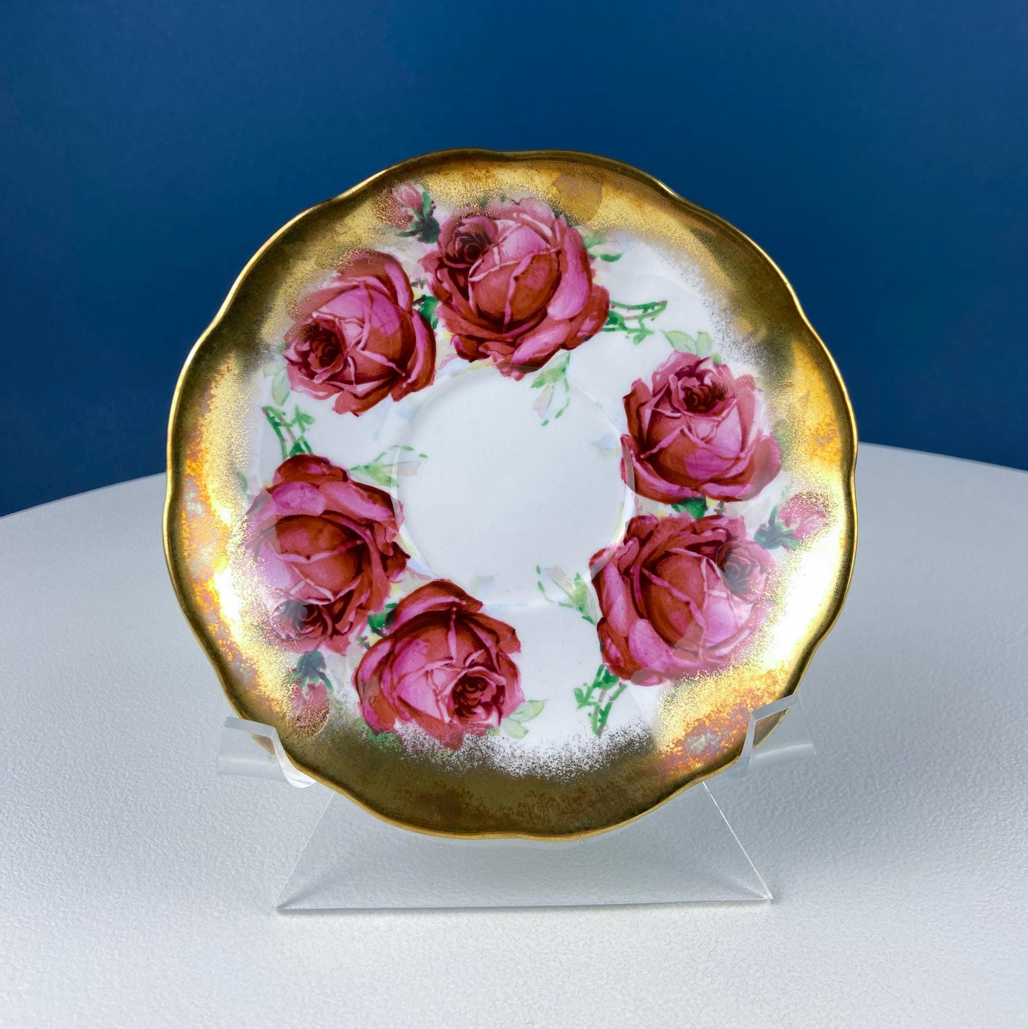 Teacup & Saucer with Large Red Roses and Rich Gold Rim. Queen Anne Fine China. Dining Room Decor. Romantic Gift for Tea Lover, Him or Her.