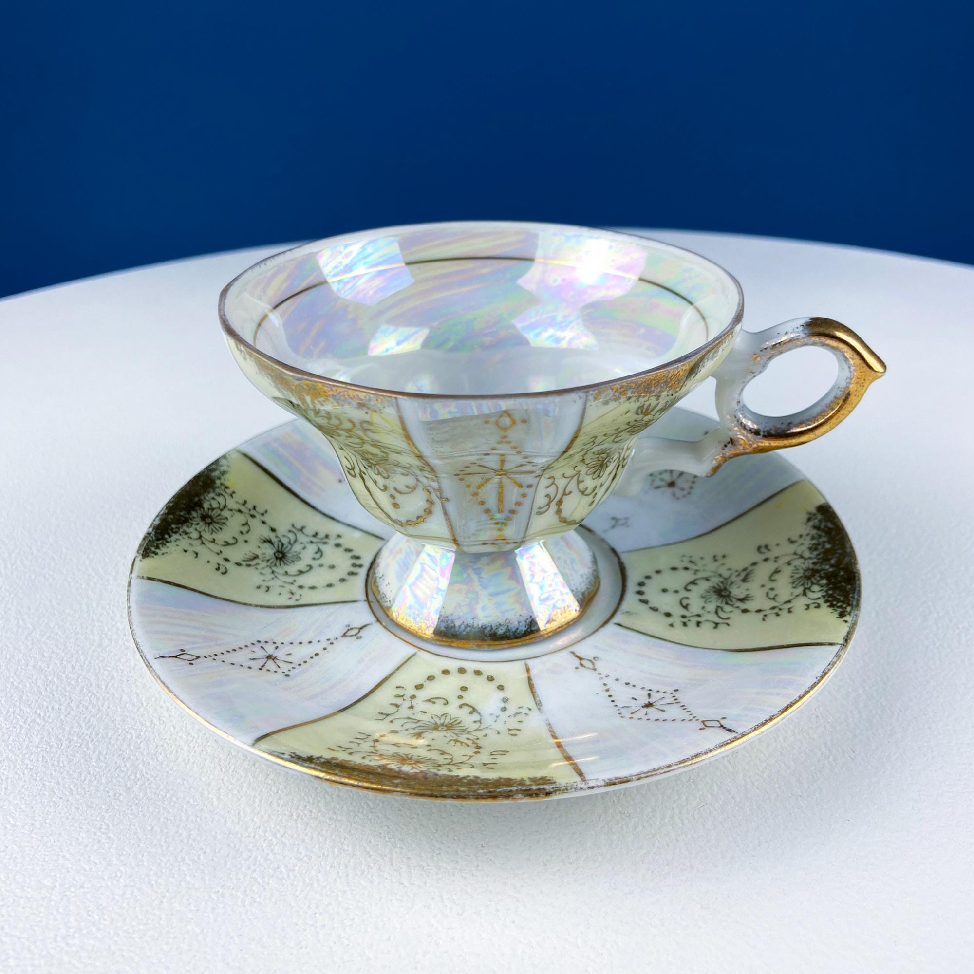 Vintage Pearlescent Tea Cups and Saucers with Light Yellow & Gold Accents. Set of 2 Cups. Slightly Different Silhouettes. Gift for Couple.