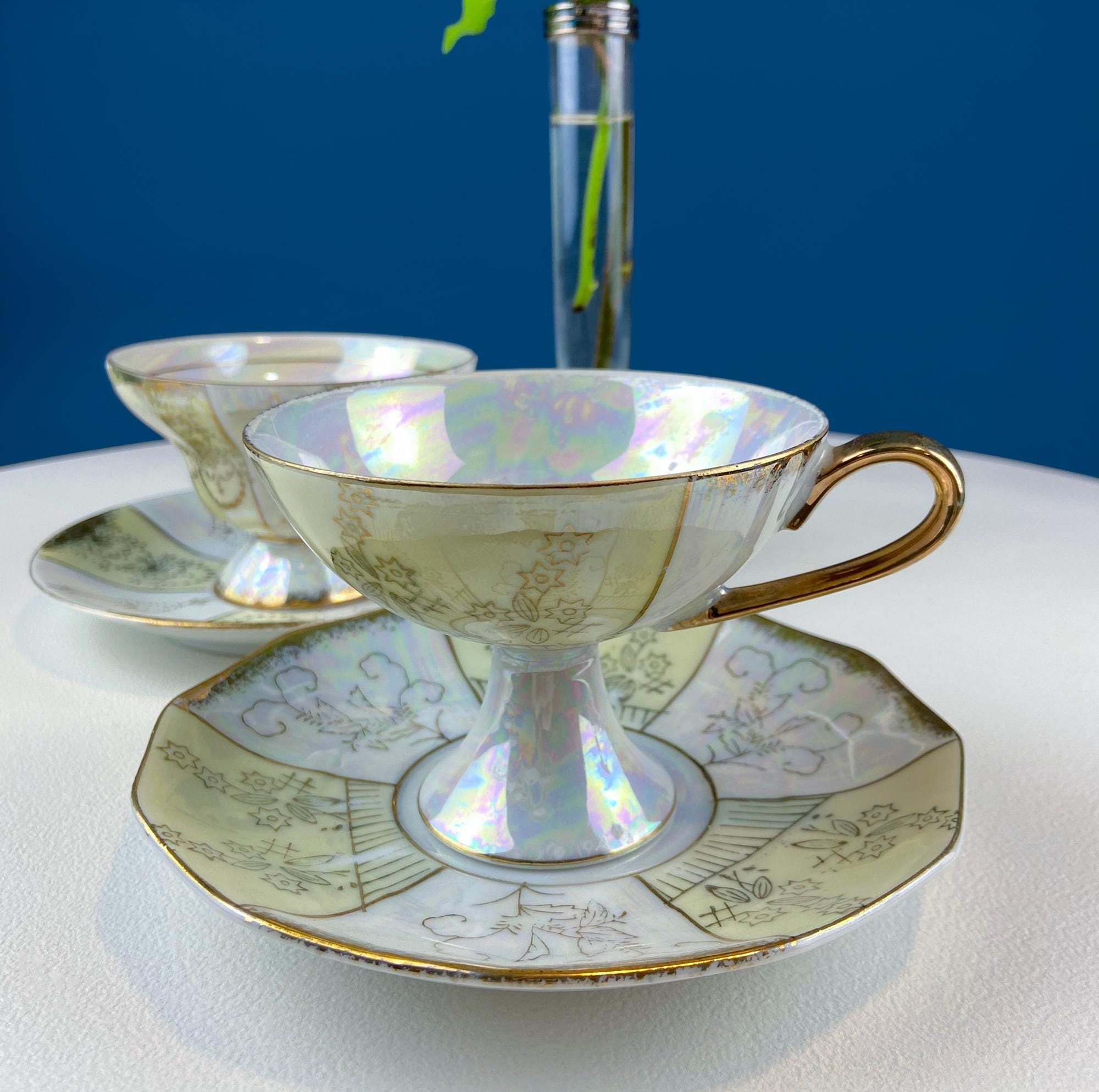 Vintage Pearlescent Tea Cups and Saucers with Light Yellow & Gold Accents. Set of 2 Cups. Slightly Different Silhouettes. Gift for Couple.