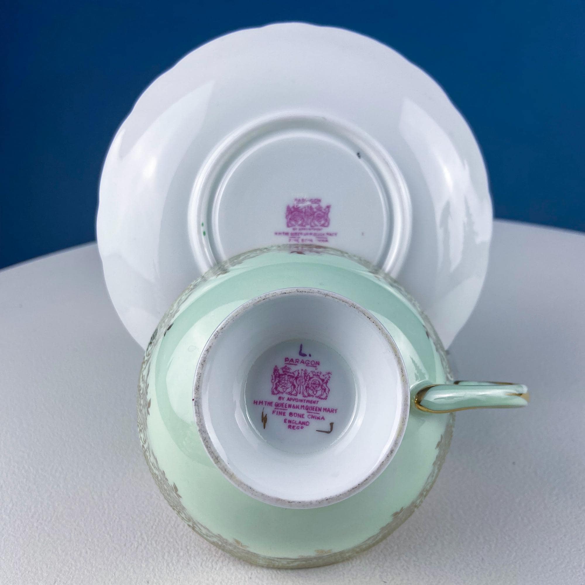 Vintage Mint Green and Gold Tea Cup & Saucer with Fruit Motif. Paragon Fine Bone China. Peaches, Plums, Berries. Gift for Him Her Tea Lover.