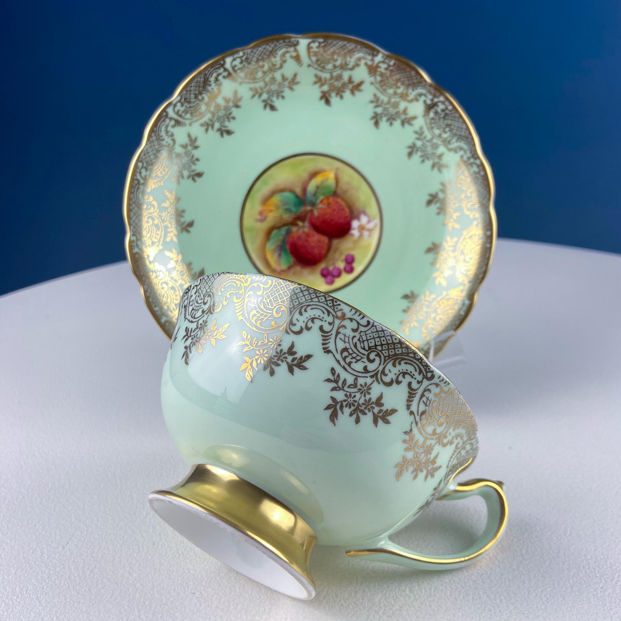 Vintage Mint Green and Gold Tea Cup & Saucer with Fruit Motif. Paragon Fine Bone China. Peaches, Plums, Berries. Gift for Him Her Tea Lover.