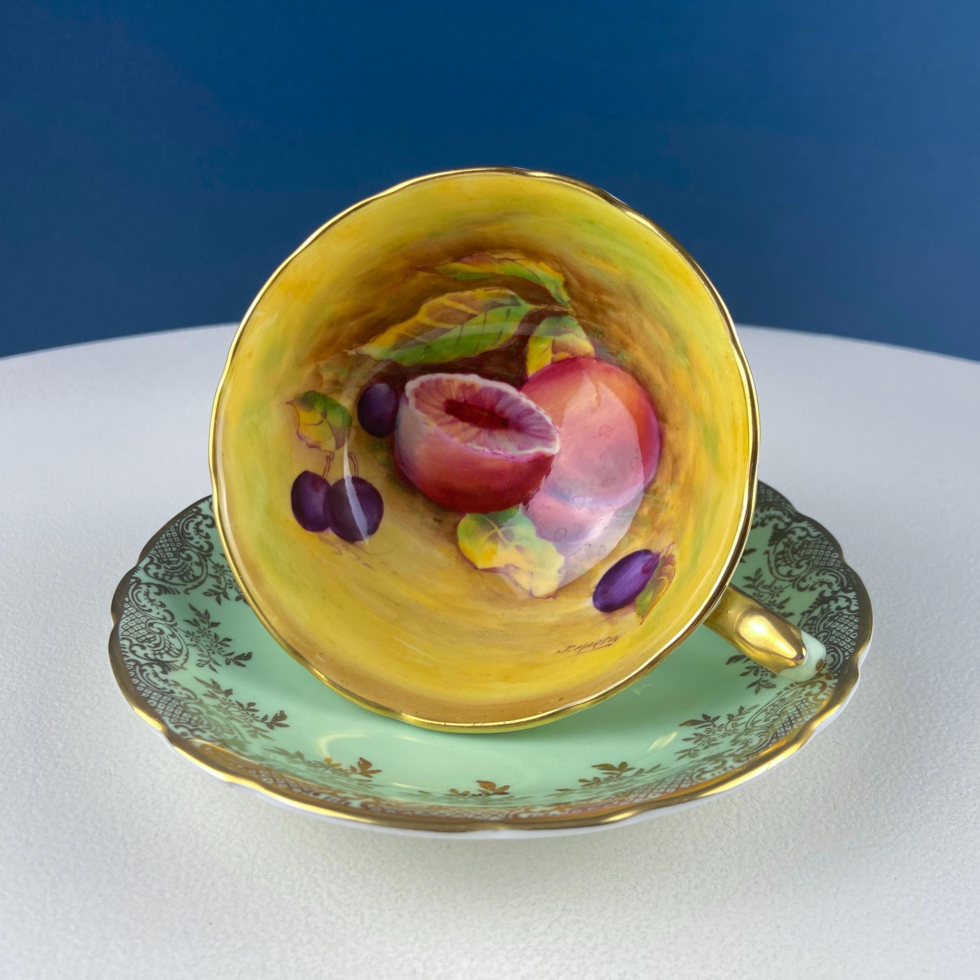 Vintage Mint Green and Gold Tea Cup & Saucer with Fruit Motif. Paragon Fine Bone China. Peaches, Plums, Berries. Gift for Him Her Tea Lover.