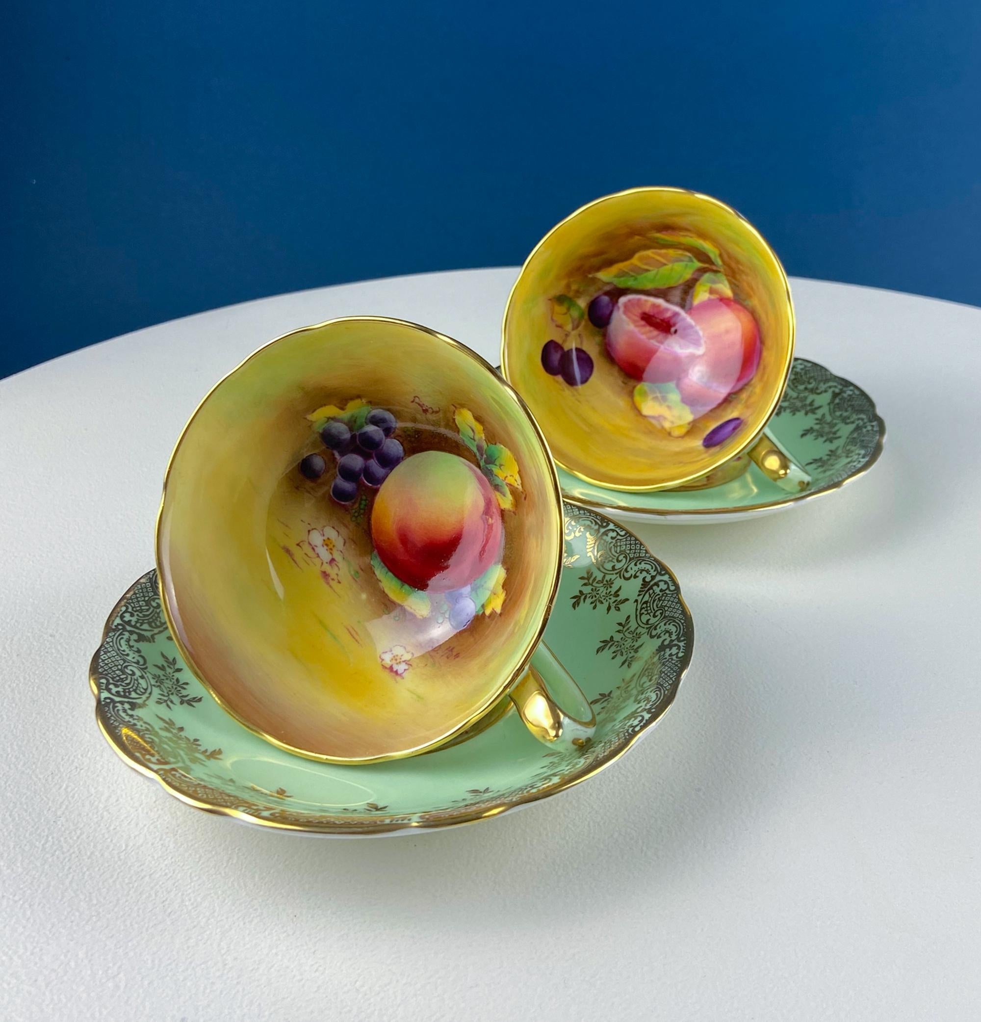 Vintage Mint Green and Gold Tea Cup & Saucer with Fruit Motif. Paragon Fine Bone China. Peaches, Plums, Berries. Gift for Him Her Tea Lover.