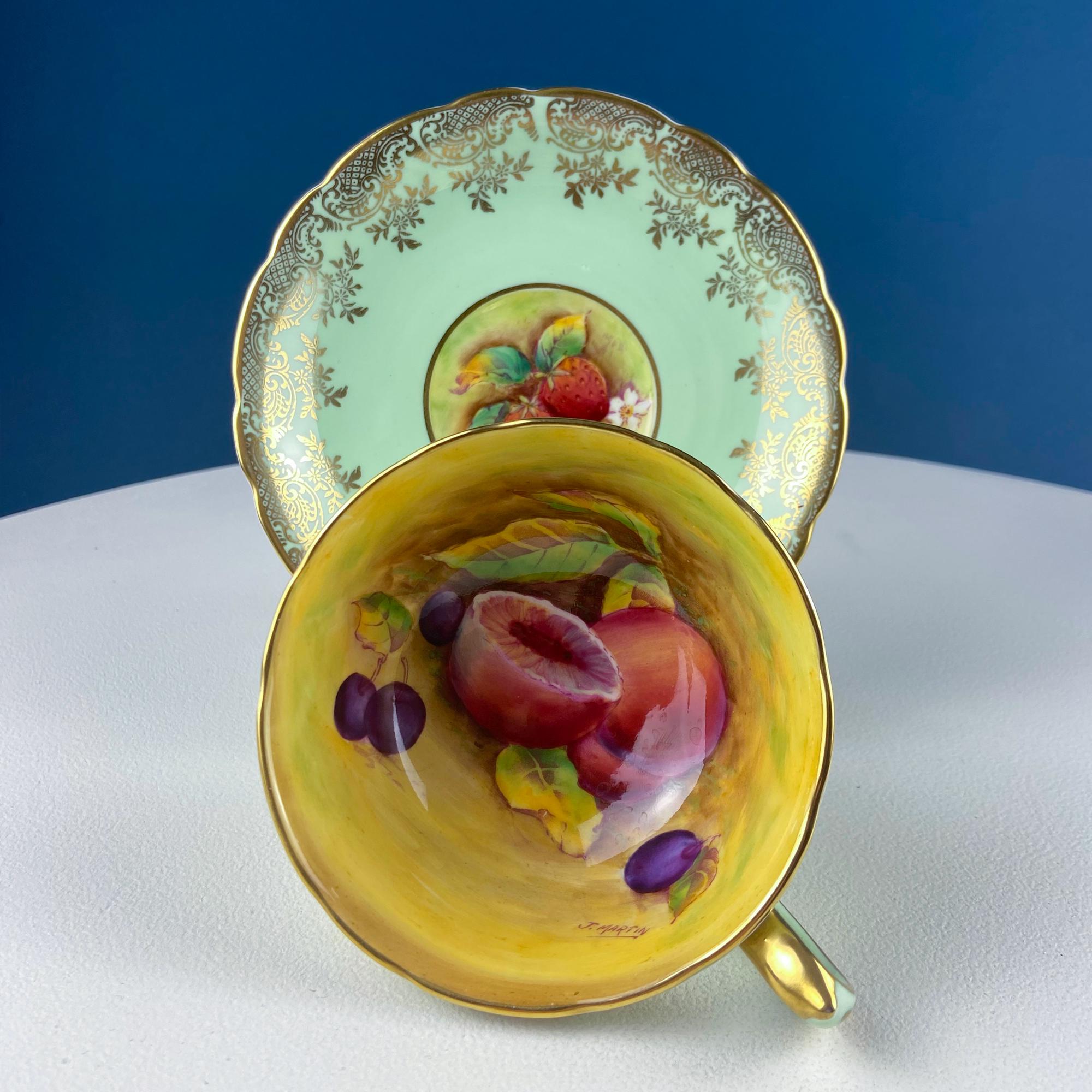 Vintage Mint Green and Gold Tea Cup & Saucer with Fruit Motif. Paragon Fine Bone China. Peaches, Plums, Berries. Gift for Him Her Tea Lover.