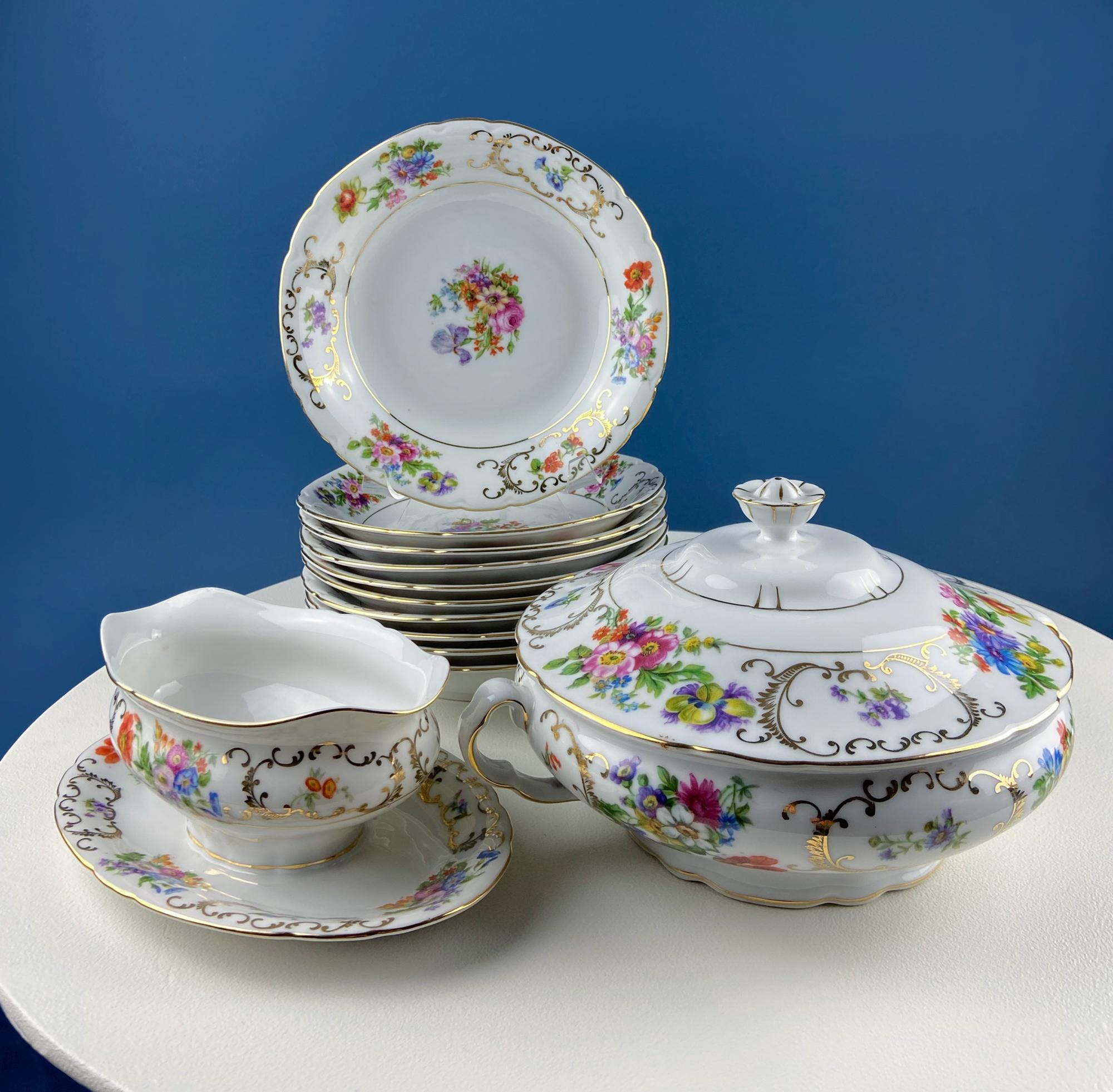 Antique Victoria Czechoslovakia 56 Piece Dish Set. Floral Motif. French Country Living. Dining Room Table Decor. Gift for Him Her.