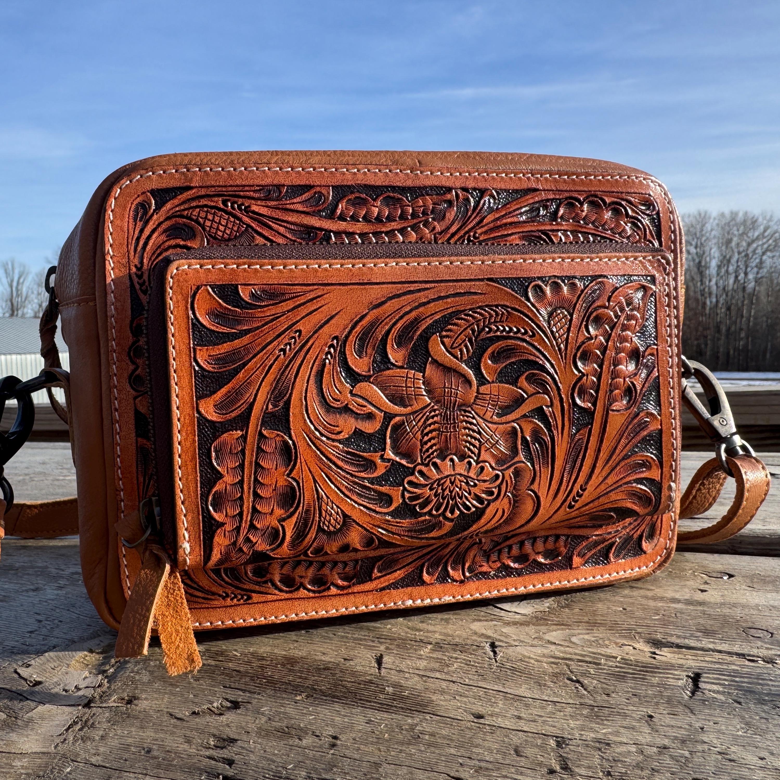 Black and Brown Genuine Western Cowhide Leather Purse with tooling and fringe