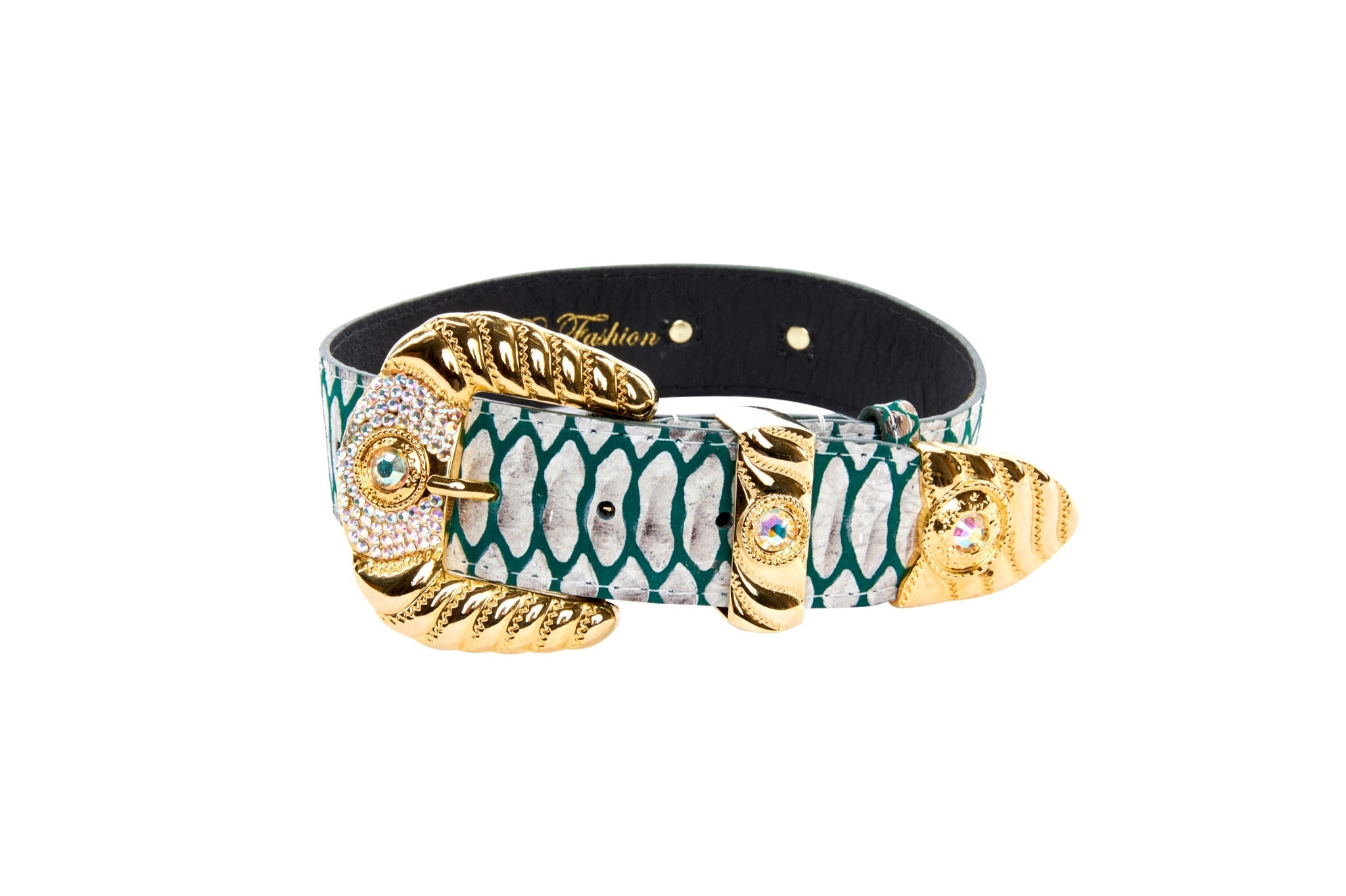 Green & Off White Embossed Python Print Italian Leather With Ornate Swarovski Crystal Hardware