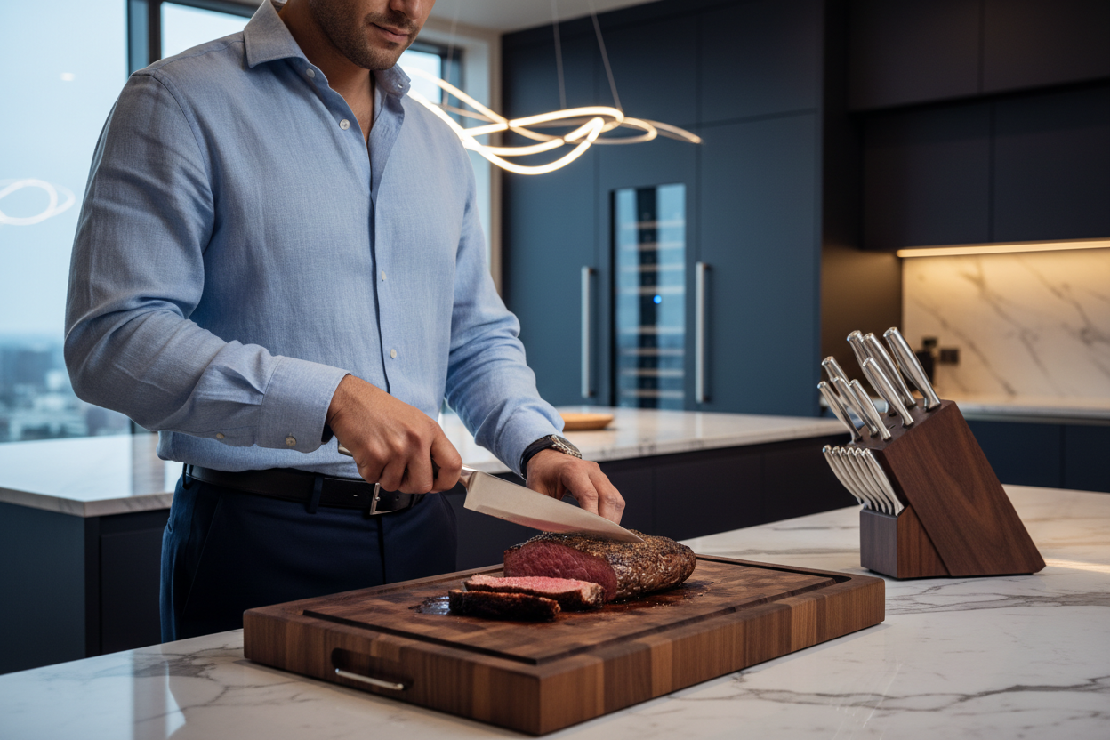 Affluent man slicing steak with premium chef knife in luxury kitchen