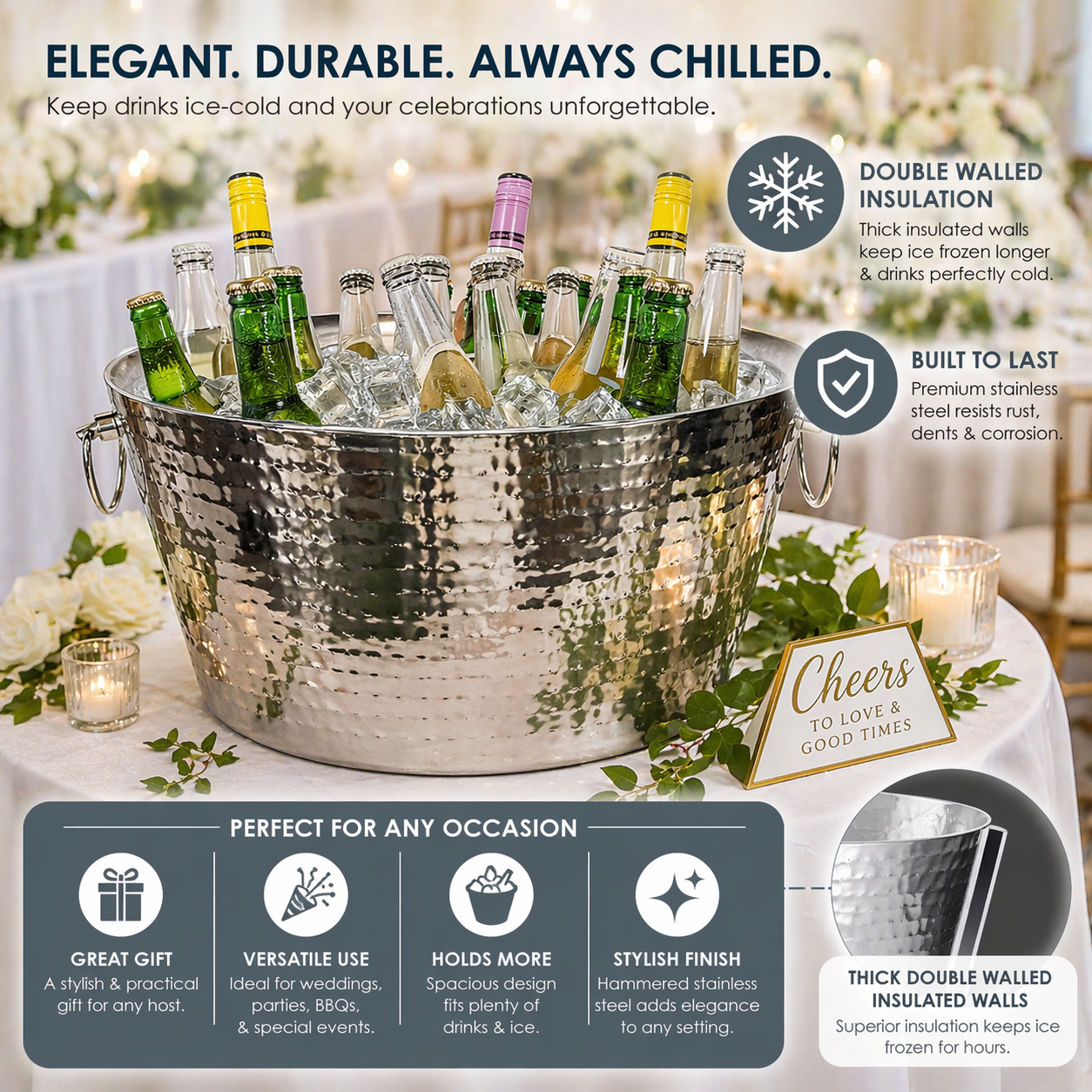 Anchored XL Double-Wall Stainless Steel Beverage Tub (Round) – 6.25 Gallon Insulated Drink Cooler for Parties | BREKX