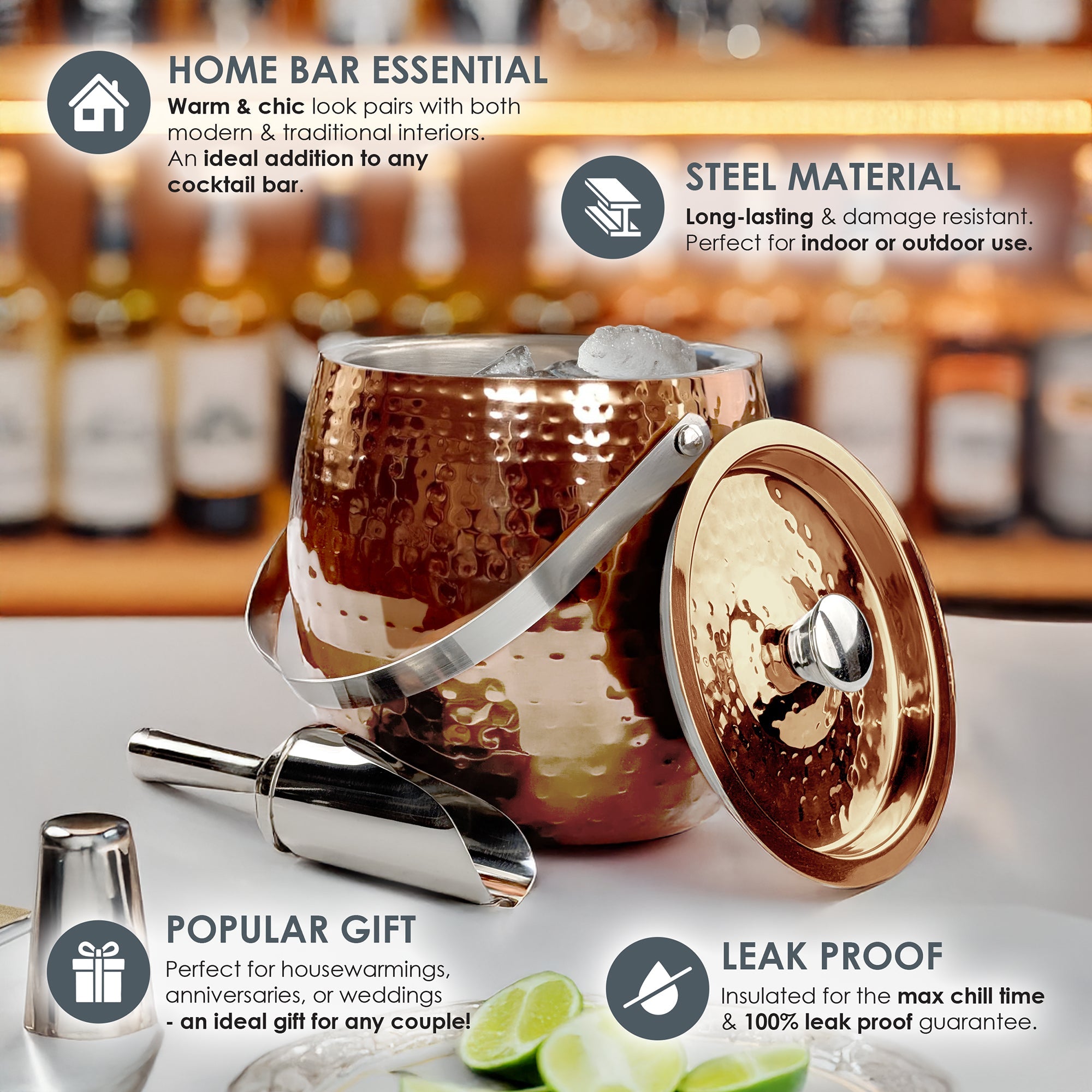 Iceberg Double-Walled Stainless Steel Ice Bucket with Lid & Scoop – 3 Qt, Rose Copper | BREKX