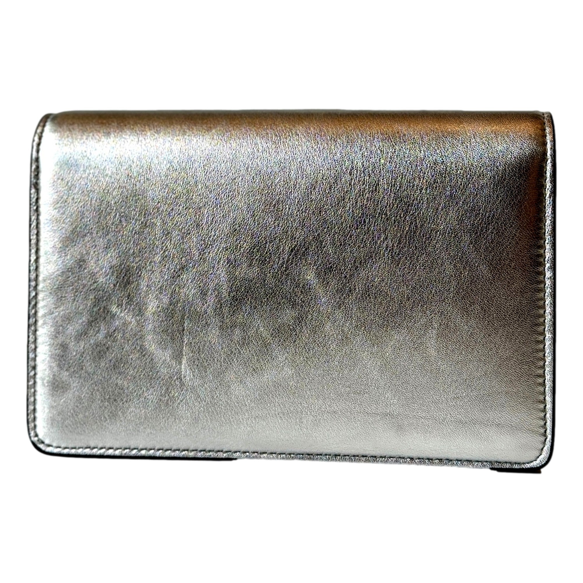 Jimmy Choo Kalina Metallic Silver Leather Crystal Logo Crossbody Clutch Bag