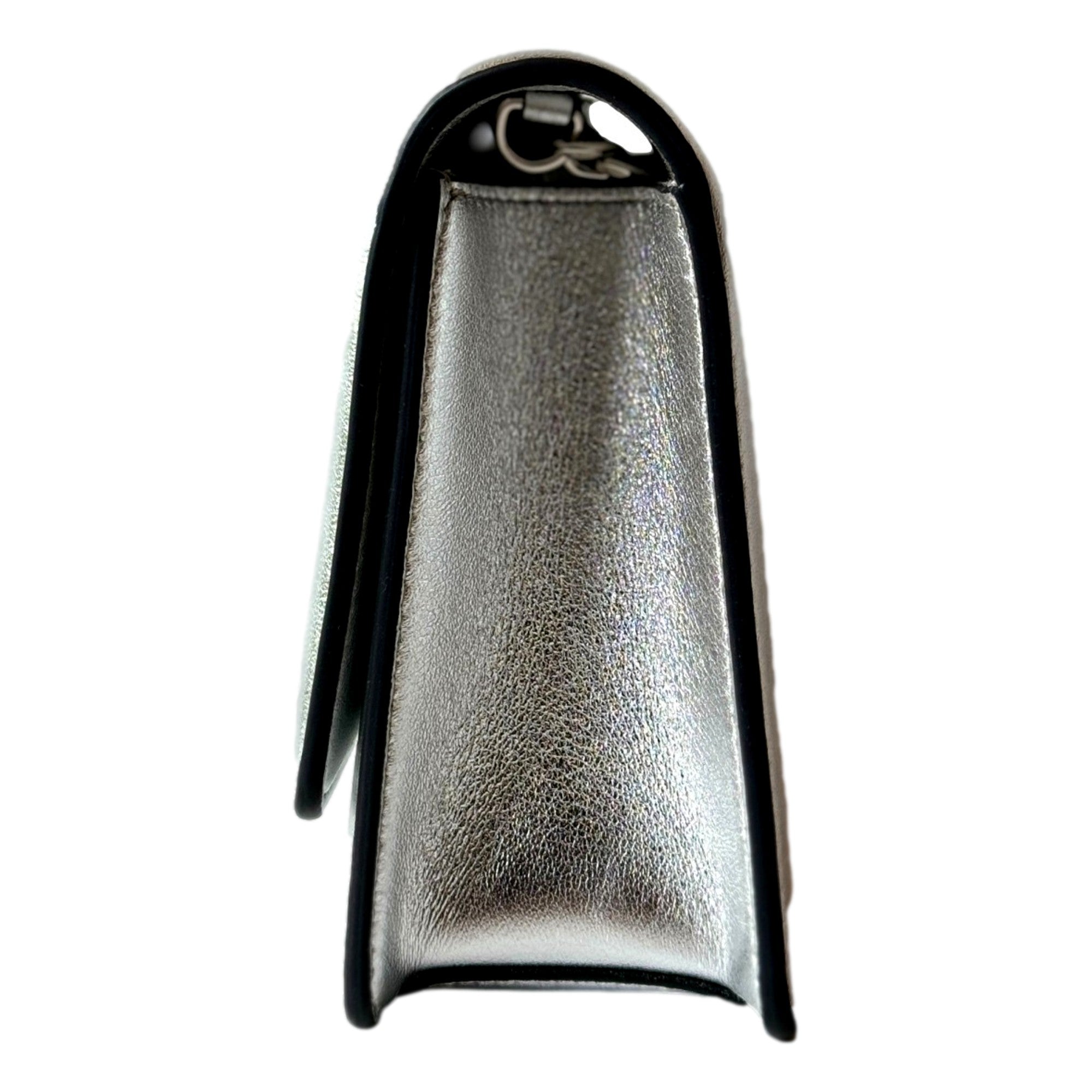 Jimmy Choo Kalina Metallic Silver Leather Crystal Logo Crossbody Clutch Bag