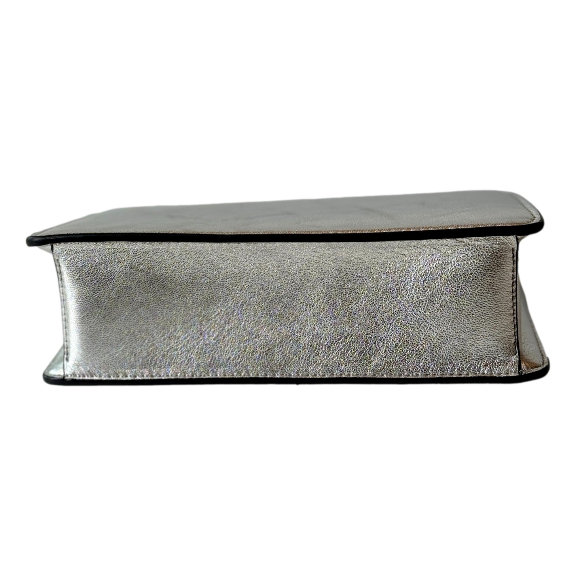 Jimmy Choo Kalina Metallic Silver Leather Crystal Logo Crossbody Clutch Bag