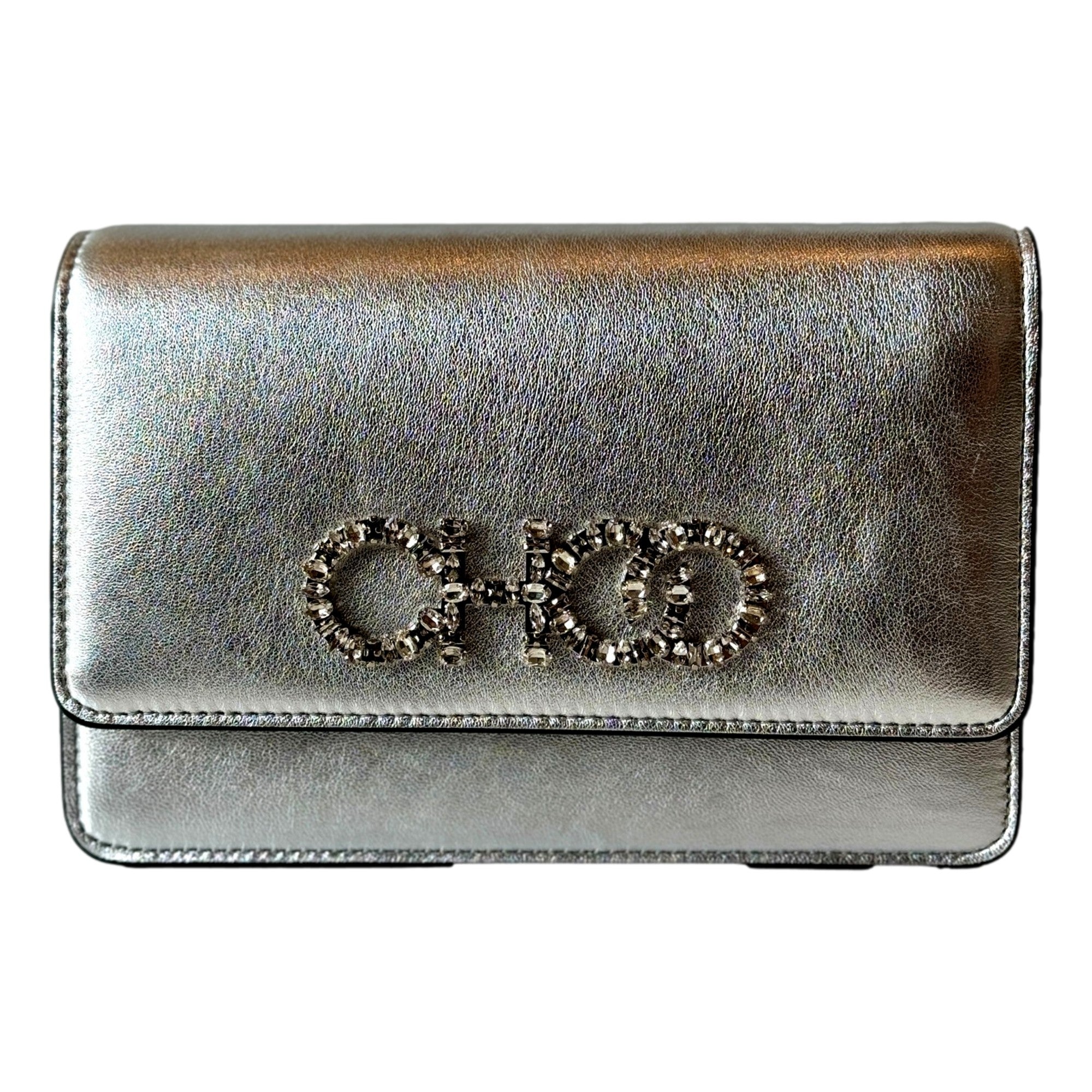 Jimmy Choo Kalina Metallic Silver Leather Crystal Logo Crossbody Clutch Bag