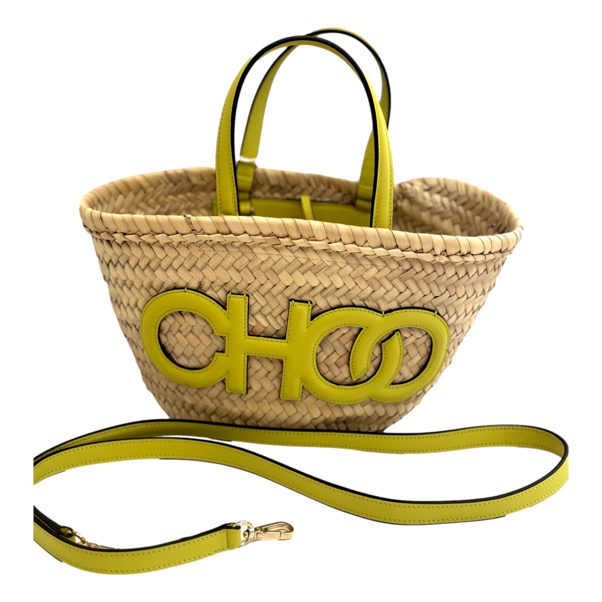 Jimmy Choo Raffia Tote Bag Citron Yellow Leather Trim Logo Crossbody Shopper