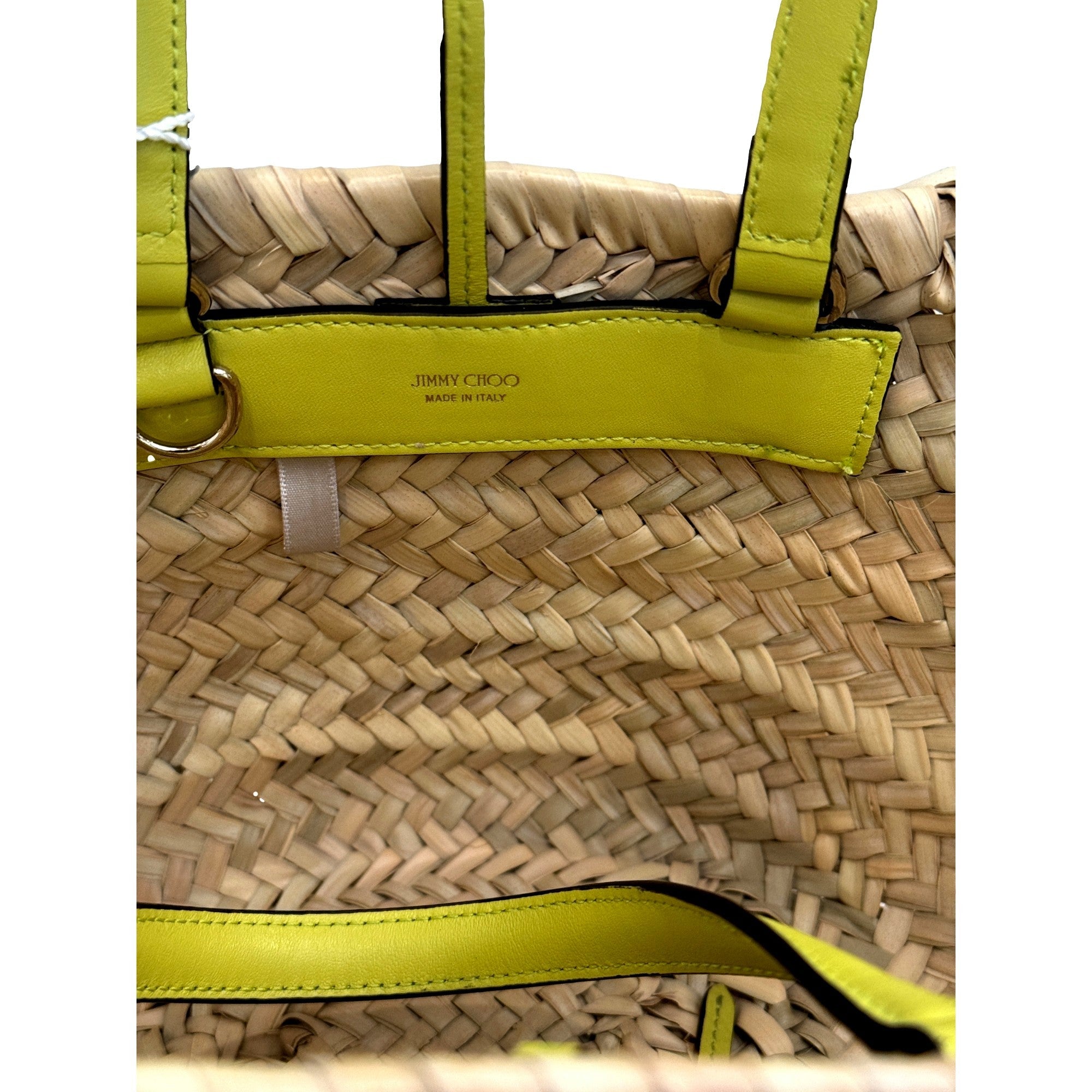 Jimmy Choo Raffia Tote Bag Citron Yellow Leather Trim Logo Crossbody Shopper