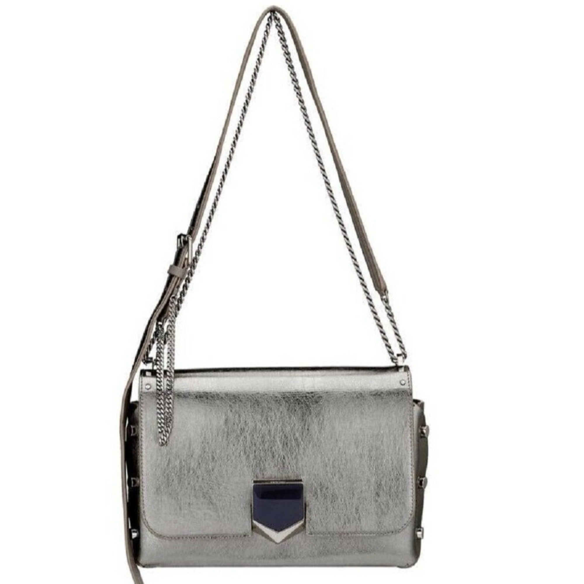 Jimmy Choo Lockett Metallic Silver Studded Leather Crossbody Bag