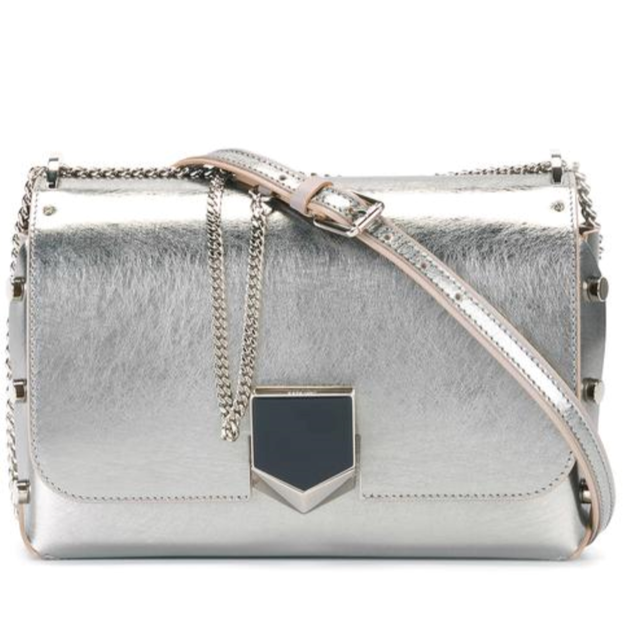 Jimmy Choo Lockett Metallic Silver Studded Leather Crossbody Bag