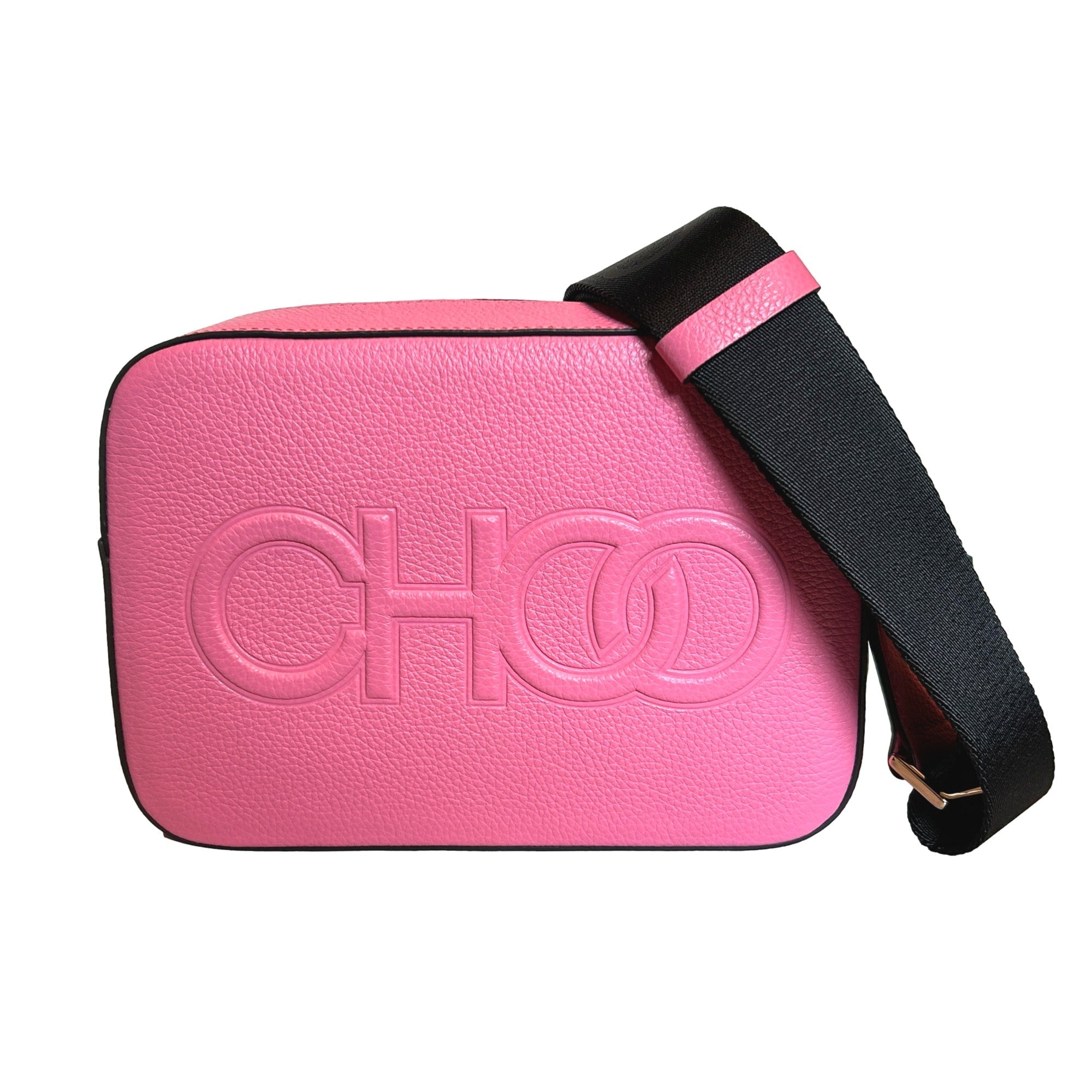Jimmy Choo Peony Pink Leather Camera Crossbody Bag Logo Zip Gold Hardware
