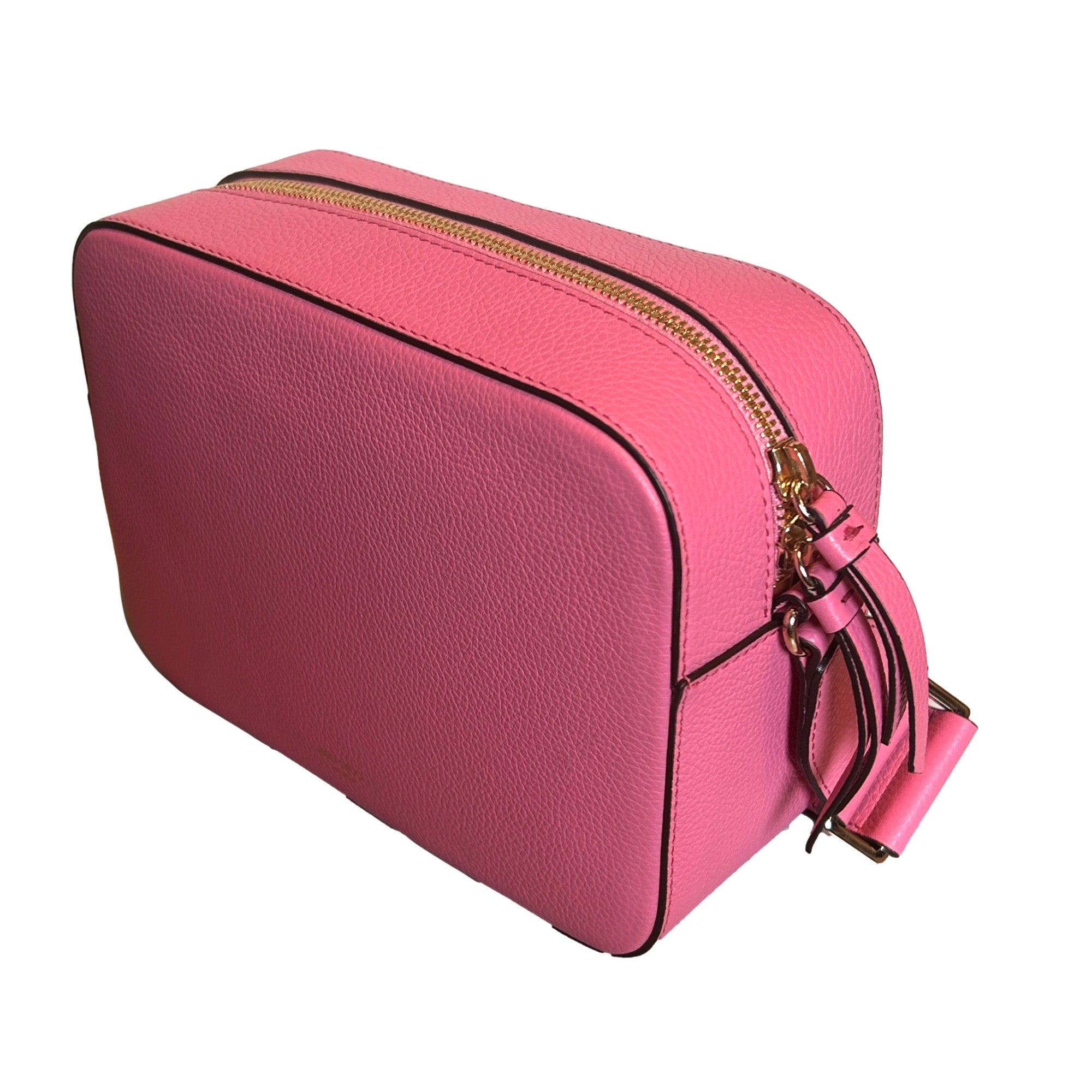 Jimmy Choo Peony Pink Leather Camera Crossbody Bag Logo Zip Gold Hardware