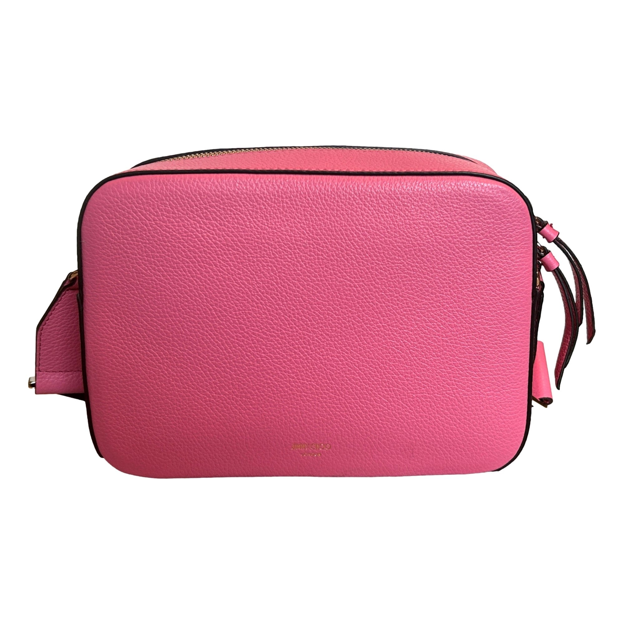 Jimmy Choo Peony Pink Leather Camera Crossbody Bag Logo Zip Gold Hardware