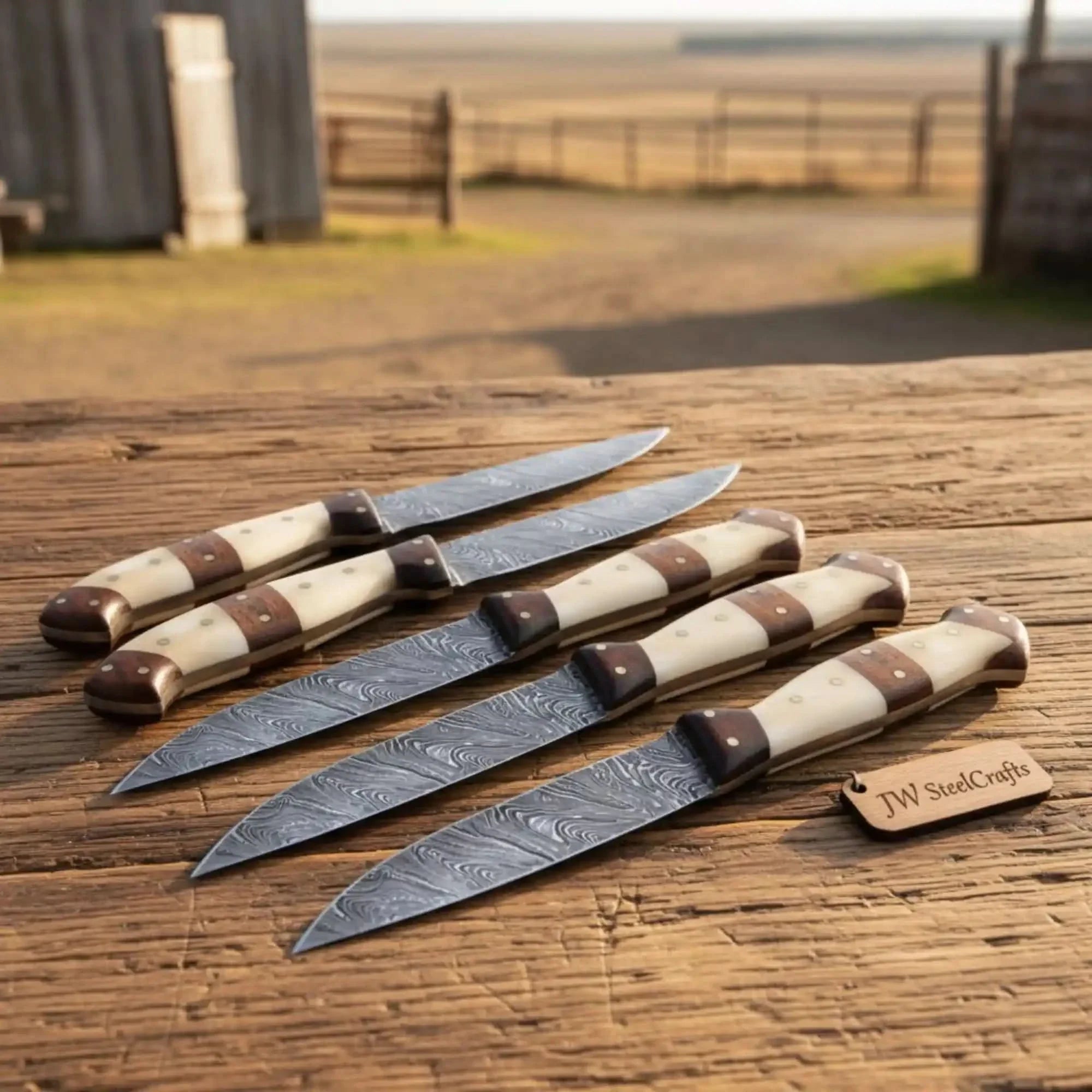 The Damascus Table — Handcrafted Steak Knife Set of Five | Bone & Rosewood | JW SteelCrafts