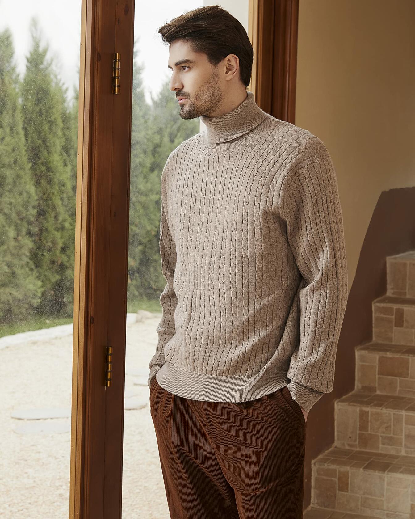 Kallspin Men's Wool Blend Cable-Knit Turtle Neck Sweater Coffee Size L - Overture Gifts