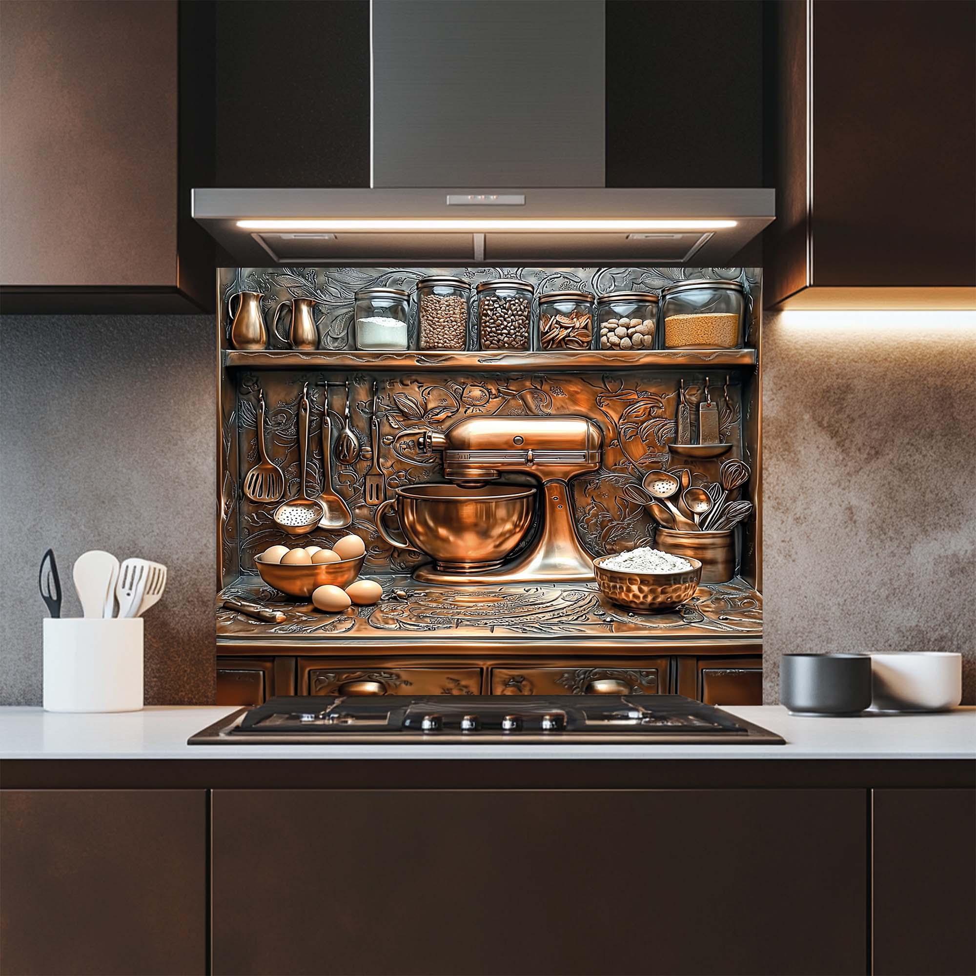 Baker – Tempered Glass Backsplash for Kitchen Stove | Baking Scene in Copper Look