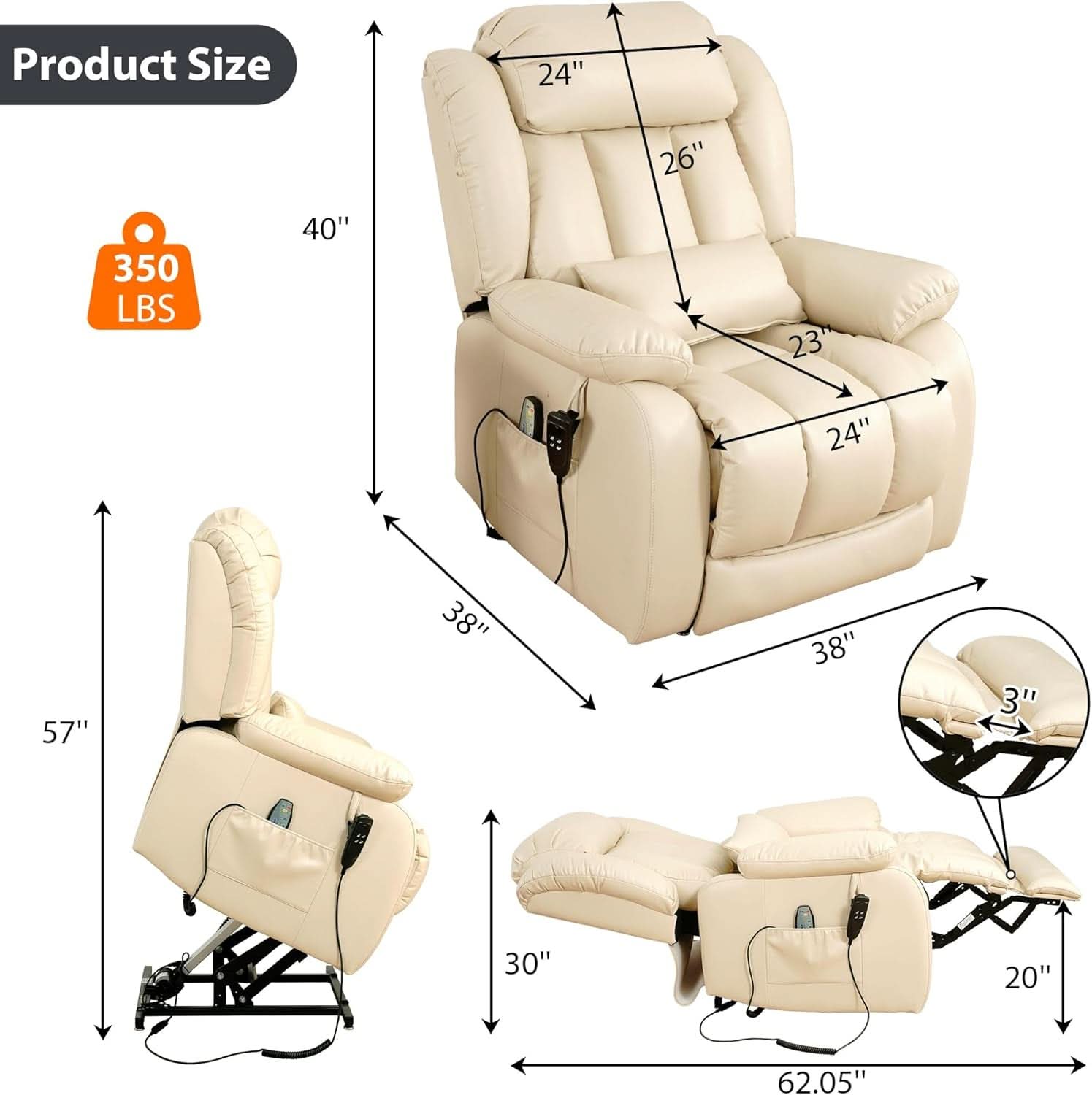 Large Reclining Lift Chair With Dual Motor Massage - Overture Gifts