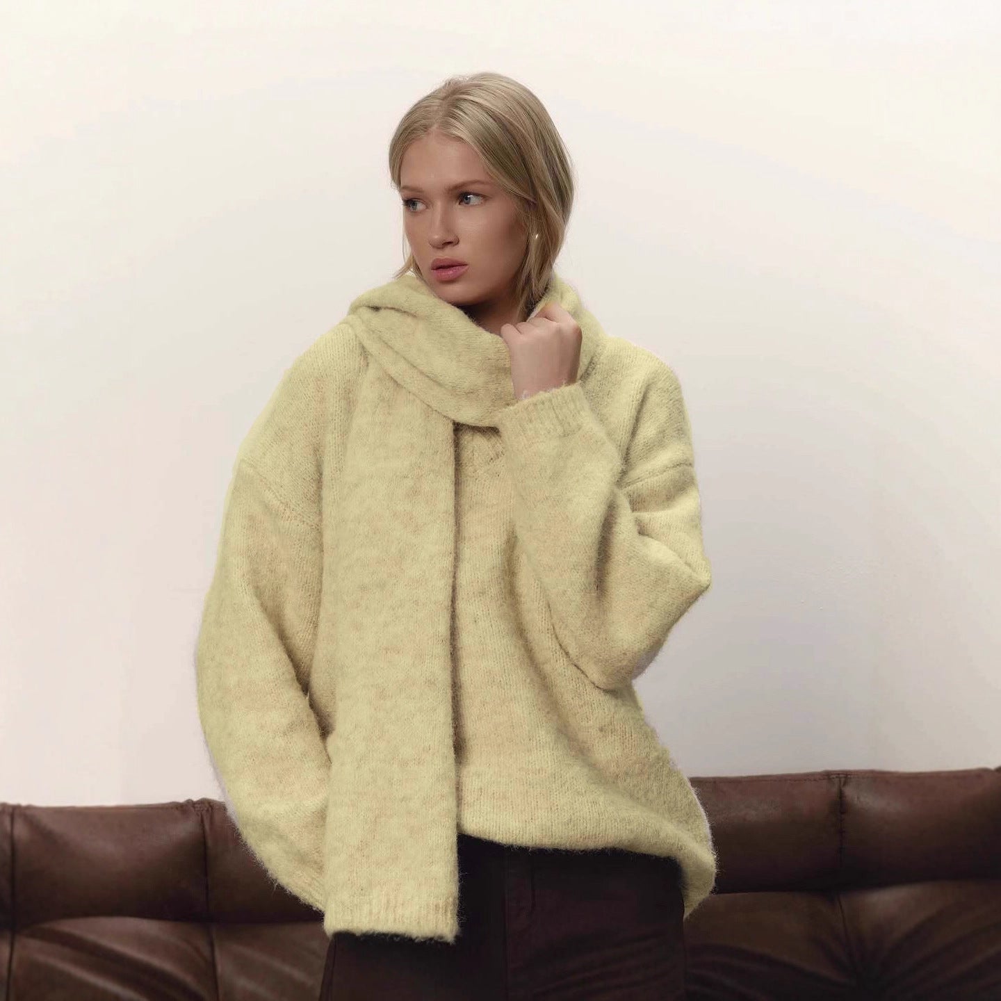 Loose Lazy Soft Wool Sweater Women Autumn Winter Pullover Loose Sweater Scarf Set - Overture Gifts