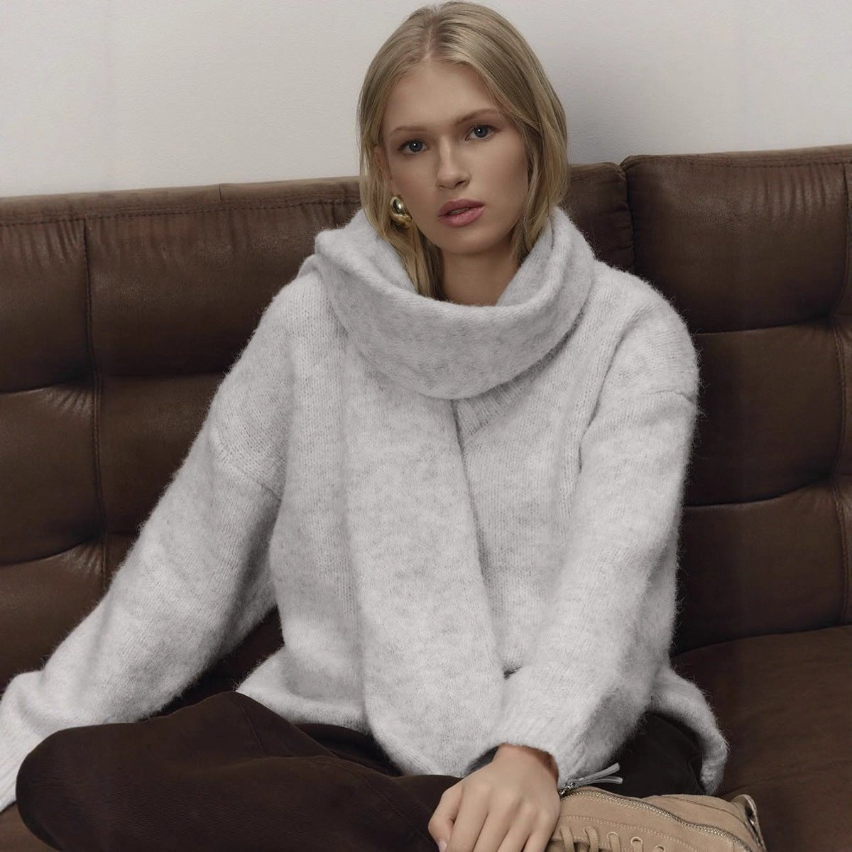 Loose Lazy Soft Wool Sweater Women Autumn Winter Pullover Loose Sweater Scarf Set - Overture Gifts