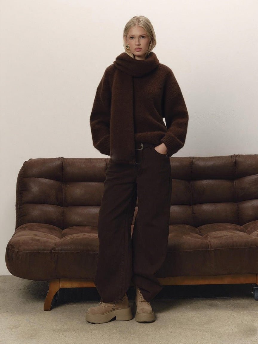 Loose Lazy Soft Wool Sweater Women Autumn Winter Pullover Loose Sweater Scarf Set - Overture Gifts