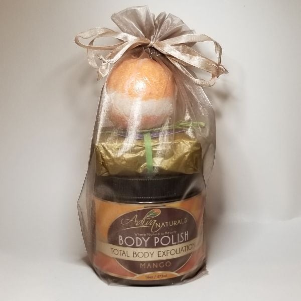 Luxurious Bath Set: Body Polish, Bath Bomb & Soap - Mango - Overture Gifts