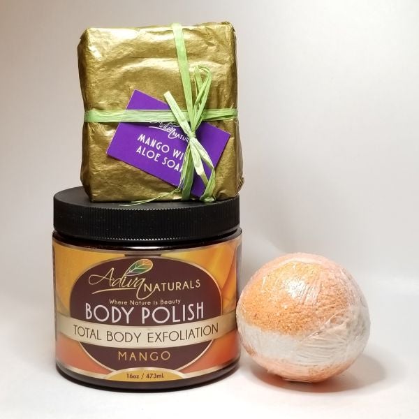 Luxurious Bath Set: Body Polish, Bath Bomb & Soap - Mango - Overture Gifts