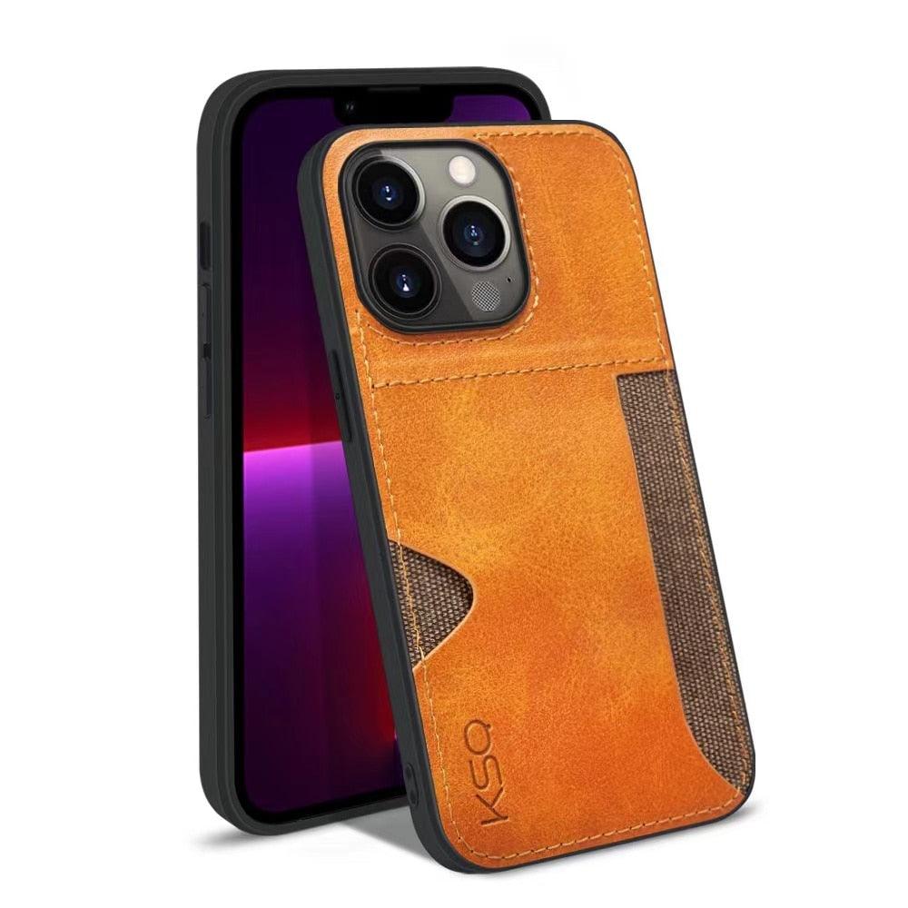 Luxury Brown Leather With Card Holder Phone Case For iPhone 11 12 Pro Max Soft Silicone Back Cover For iPhone 13 14 Pro Genuine Leather Case for iPhone - Overture Gifts