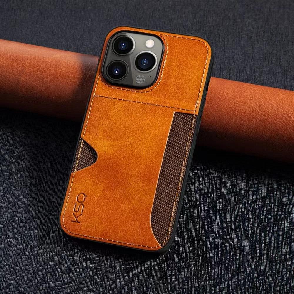 Luxury Brown Leather With Card Holder Phone Case For iPhone 11 12 Pro Max Soft Silicone Back Cover For iPhone 13 14 Pro Genuine Leather Case for iPhone - Overture Gifts