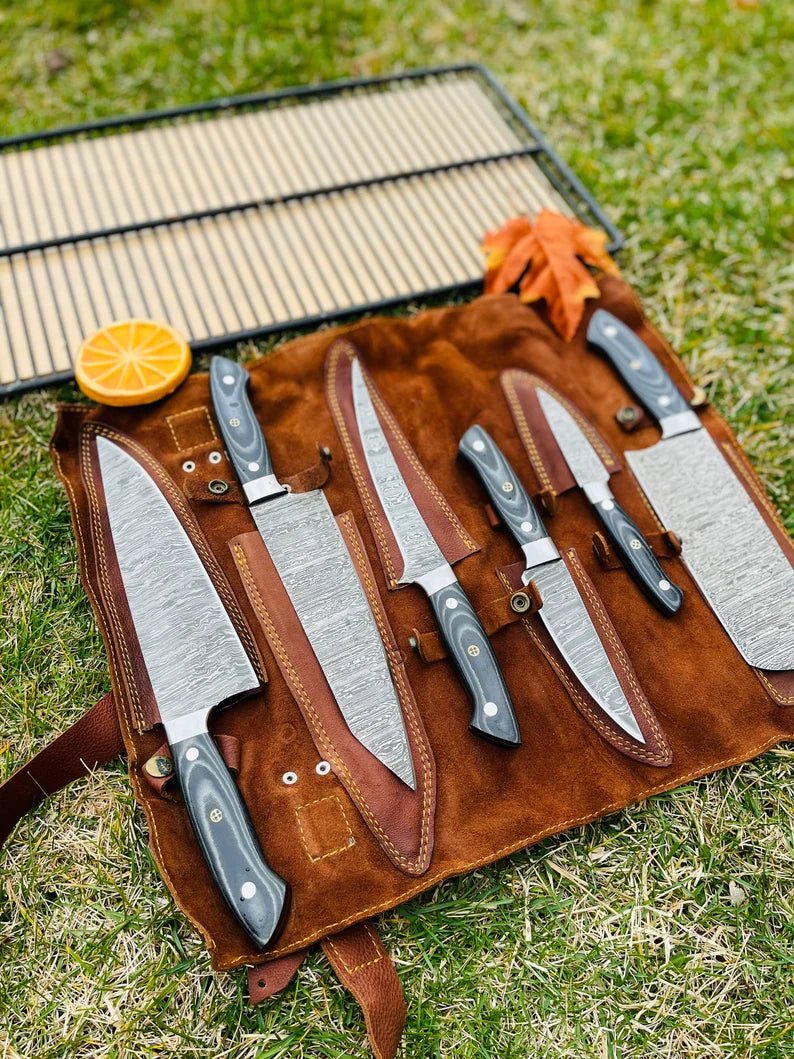 Luxury Custom Handmade Damascus Steel 5-Piece Kitchen Knife Set with G10 Handle & Steel Bolster - Premium Chef Knives in Leather Roll Kit - Overture Gifts
