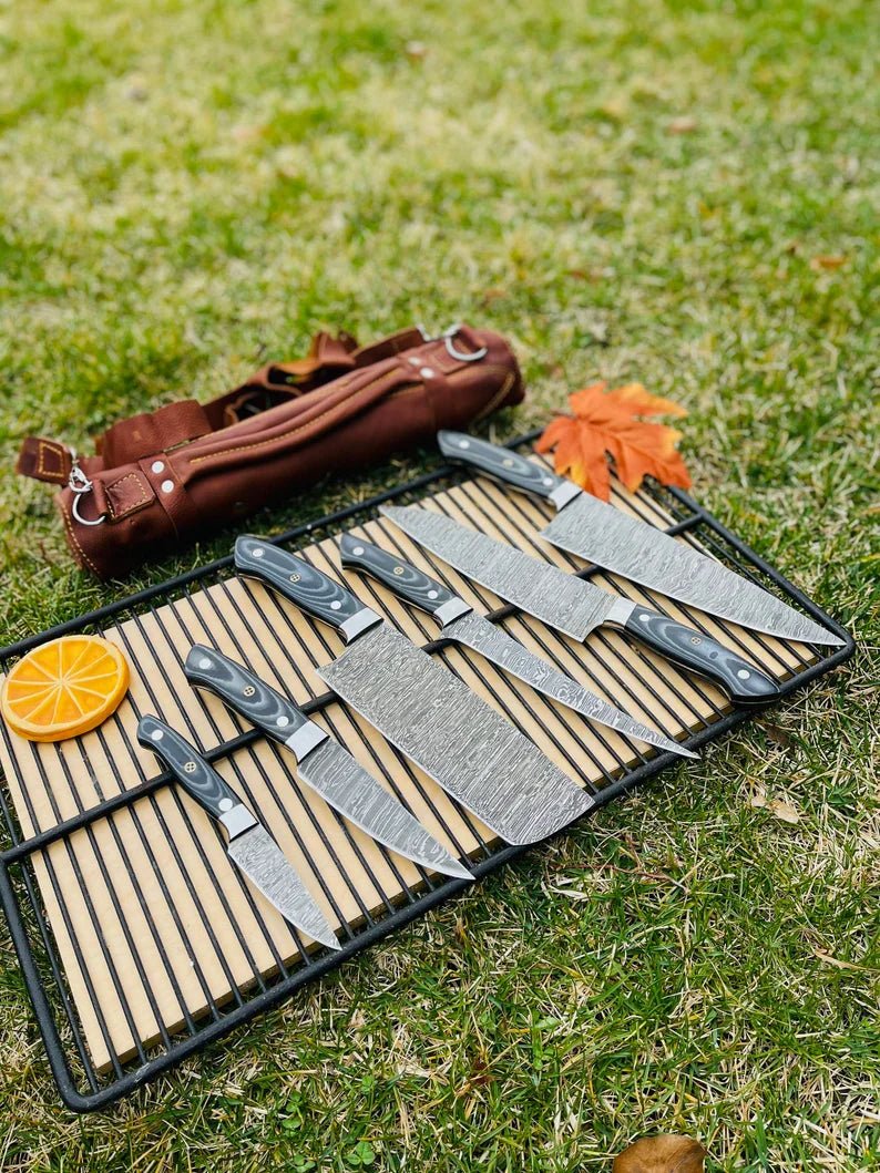 Luxury Custom Handmade Damascus Steel 5-Piece Kitchen Knife Set with G10 Handle & Steel Bolster - Premium Chef Knives in Leather Roll Kit - Overture Gifts