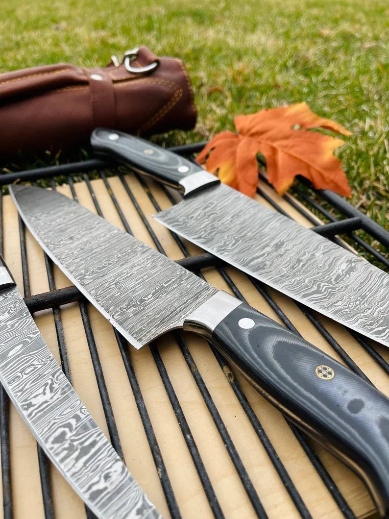 Luxury Custom Handmade Damascus Steel 5-Piece Kitchen Knife Set with G10 Handle & Steel Bolster - Premium Chef Knives in Leather Roll Kit - Overture Gifts