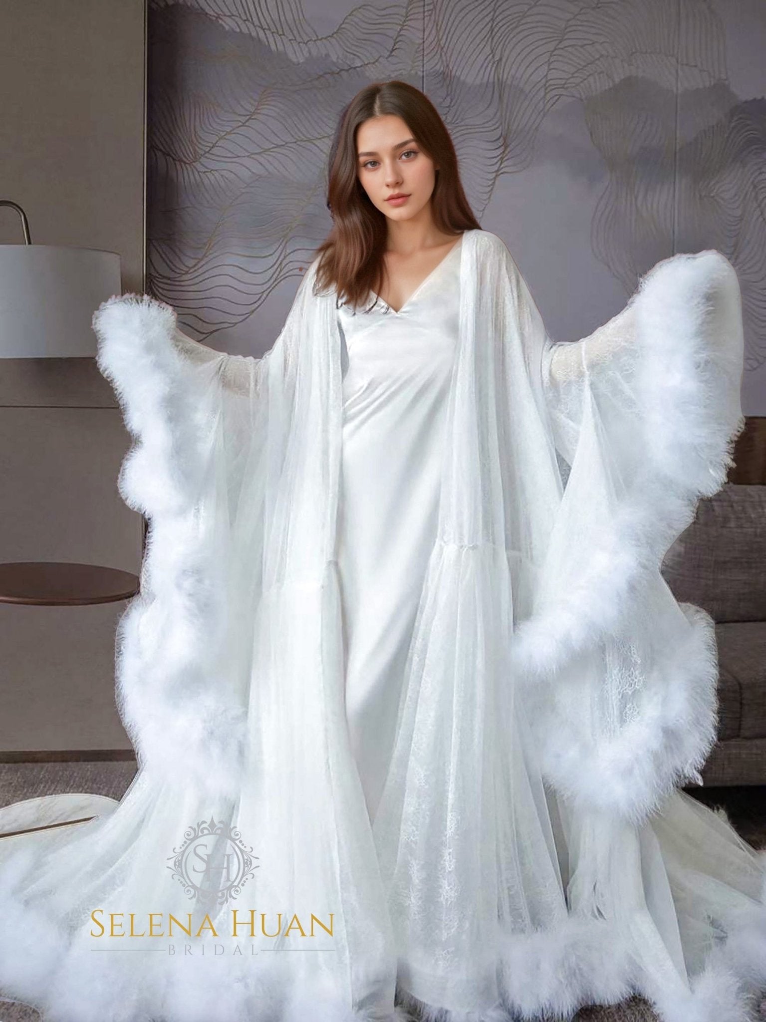 Luxury thick turkey feather fringe long bridal robe set with night gown - Overture Gifts