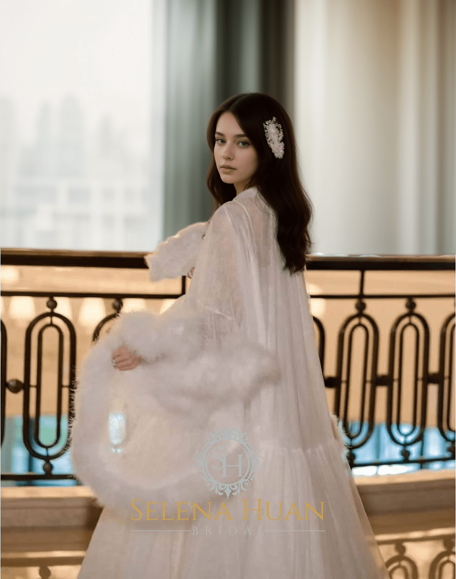 Luxury thick turkey feather fringe long bridal robe set with night gown - Overture Gifts