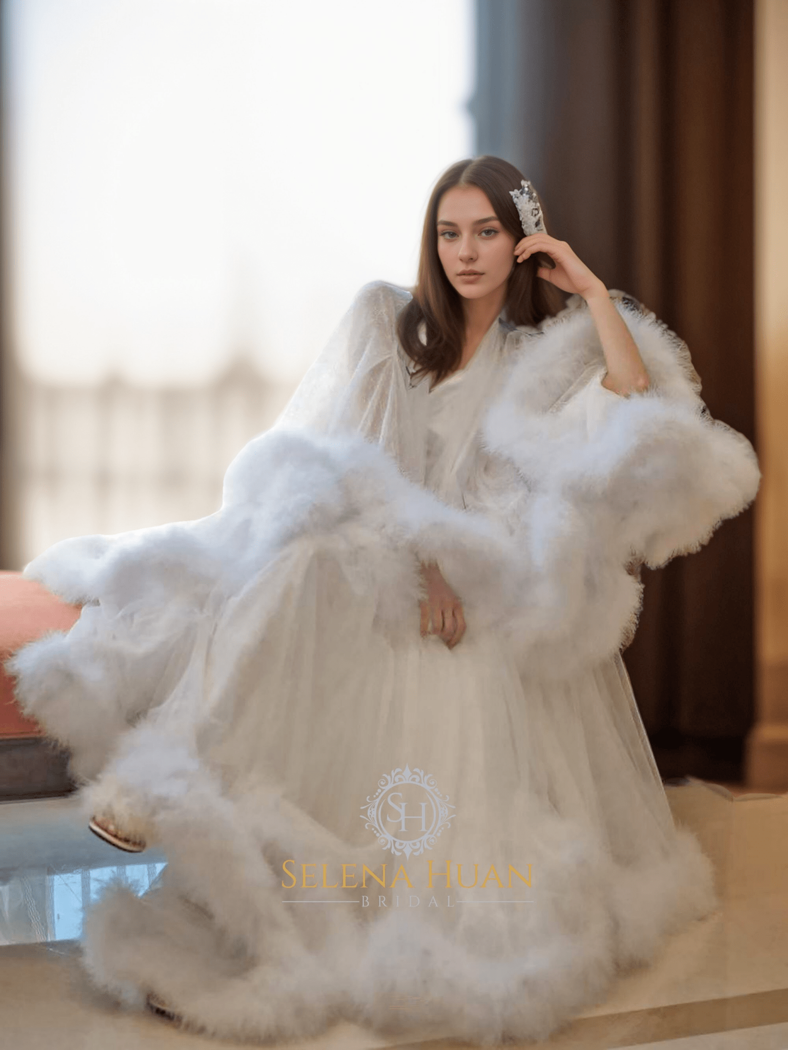 Luxury thick turkey feather fringe long bridal robe set with night gown - Overture Gifts