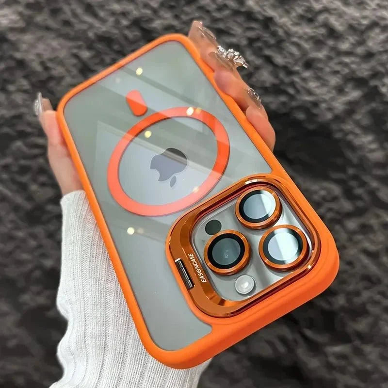 Magnetic Shockproof Transparent Phone Case with Stand | Glass Lens Protection for iPhone 11-16 Series