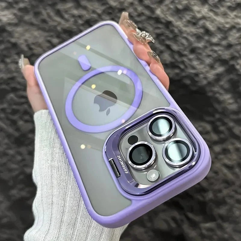 Magnetic Shockproof Transparent Phone Case with Stand | Glass Lens Protection for iPhone 11-16 Series